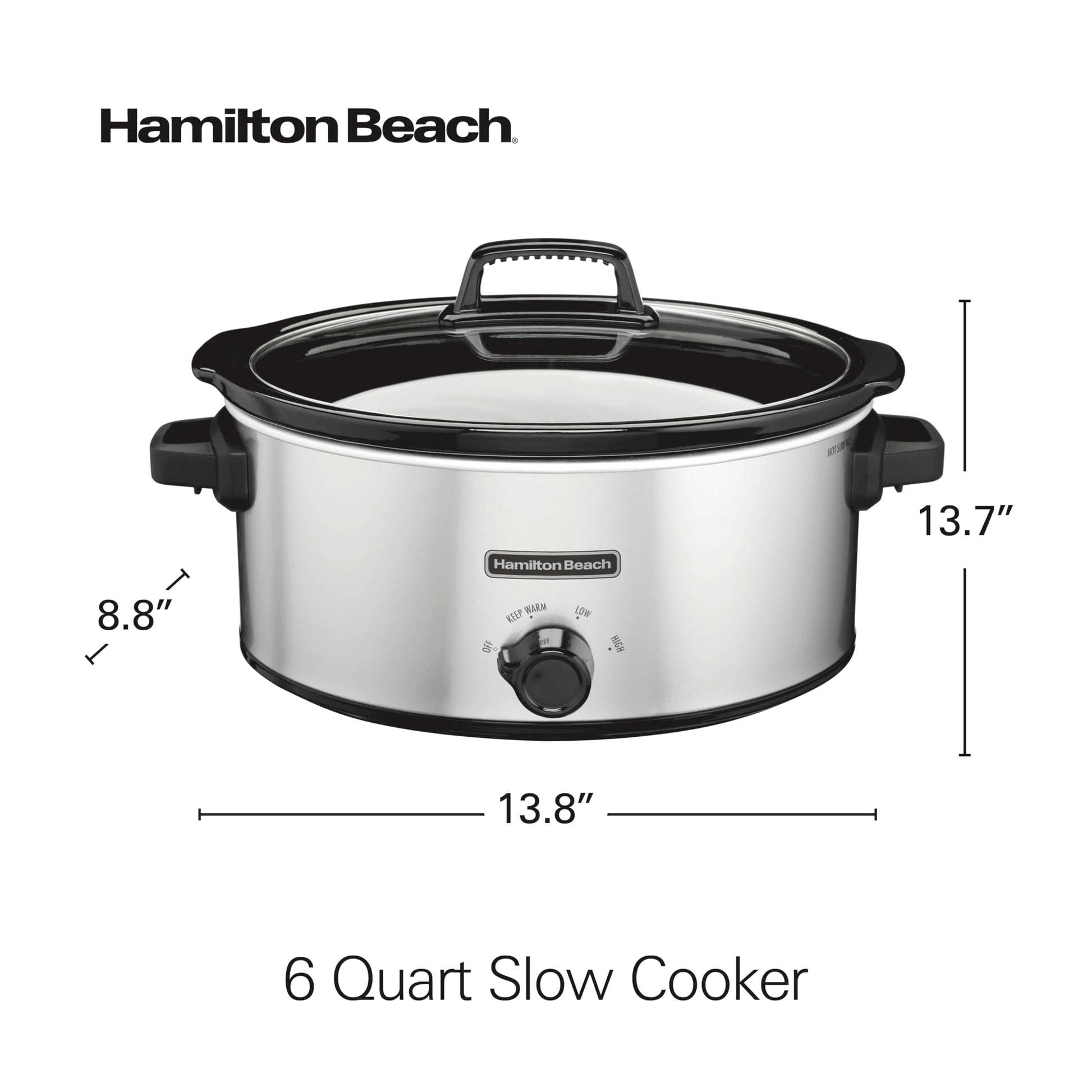 Hamilton Beach - Olla de cocción lenta de 6 cuartos con 3 ajustes de cocción, vajilla de cerámica apta para lavaplatos y tapa de vidrio, plata (33665G)