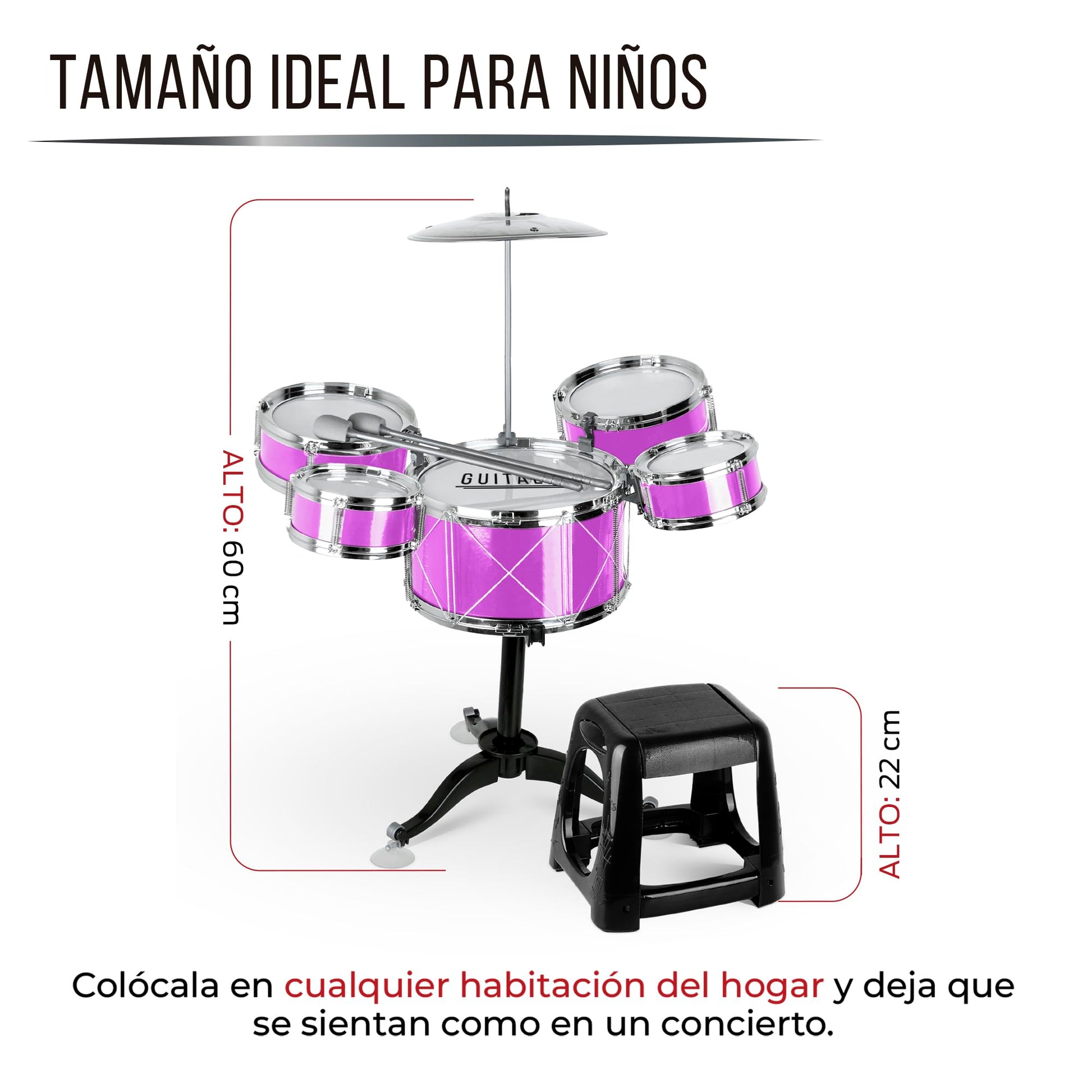 Guitalia Batería para Niños con Banco y Baquetas, Platillo, Bombo y Tarolas con Sonidos Realistas, Fácil de Armar, Ligera, Resistente, Ideal para Desarrollar la Creatividad y Habilidades Musicales