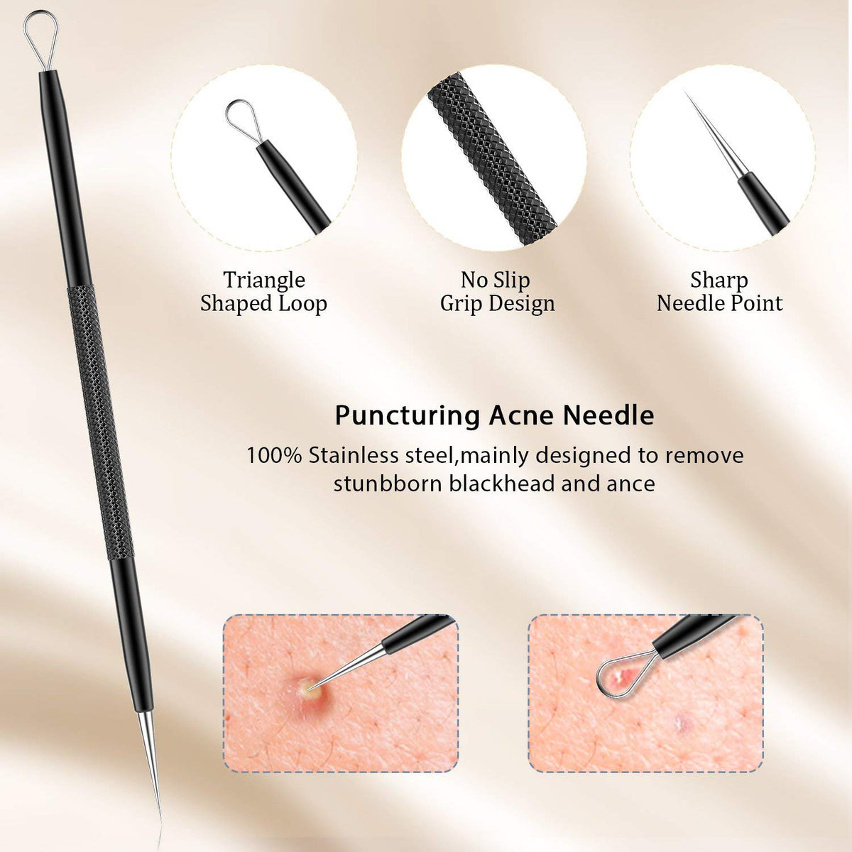 BESTOPE | Kit de herramientas para extracción de espinillas | Para rostro y nariz | 5 piezas distintas de acero inoxidable color negro.