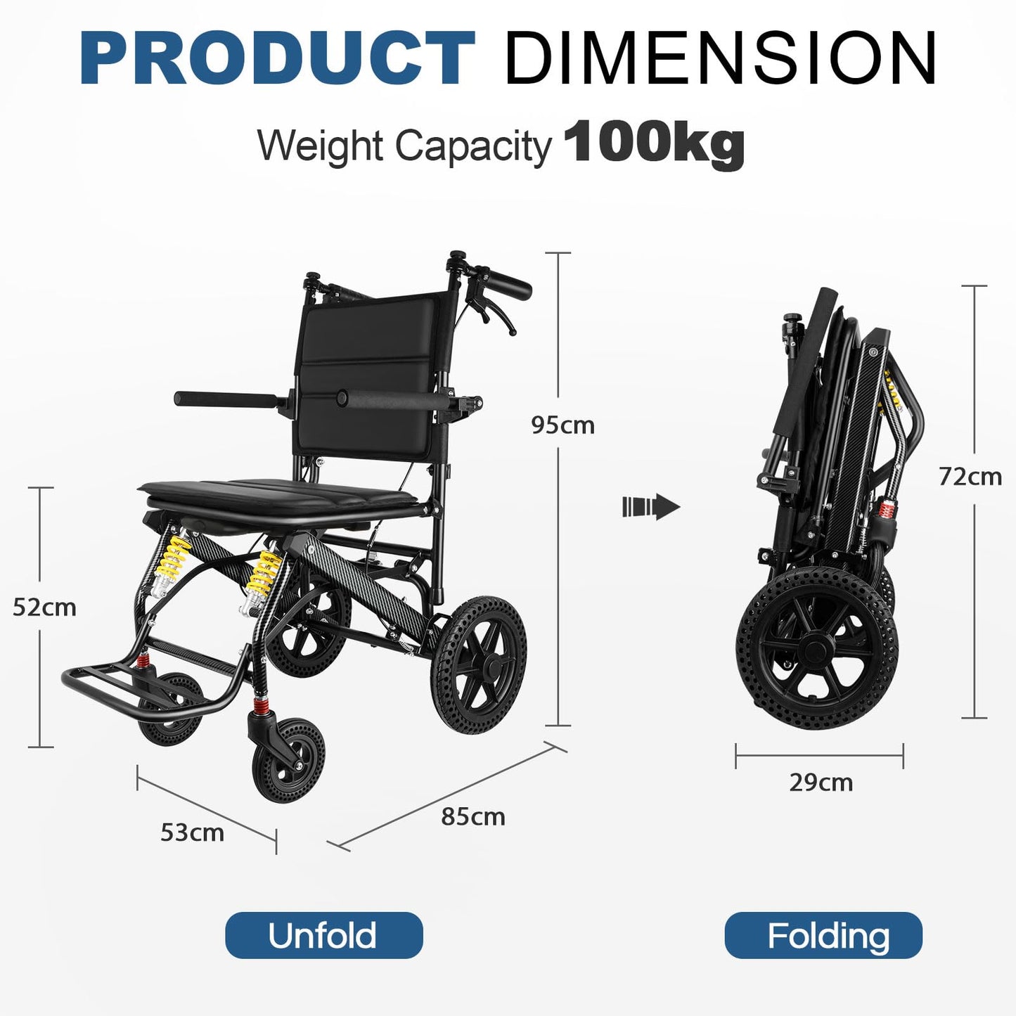 Silla de Ruedas de Viaje Ligera y Plegable con Mango Telescópico y Rueda Trasera Grande de 12 Pulgadas para Adultos