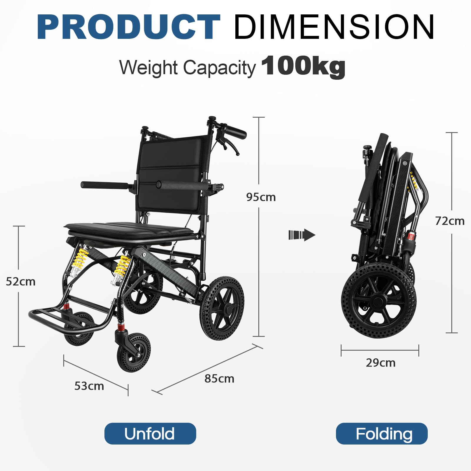 Silla de Ruedas de Viaje Ligera y Plegable con Mango Telescópico y Rueda Trasera Grande de 12 Pulgadas para Adultos