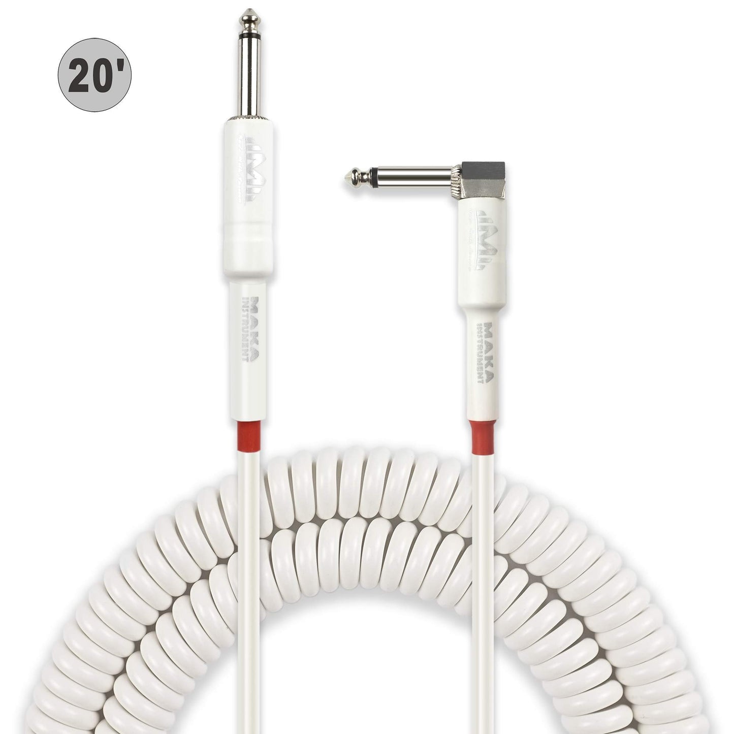 M MAKA - Cable de bobina de guitarra premium de 20 pies, cuerda rizada en espiral para guitarra, bajo de 1/4 pulgadas, ángulo recto a recto, color blanco