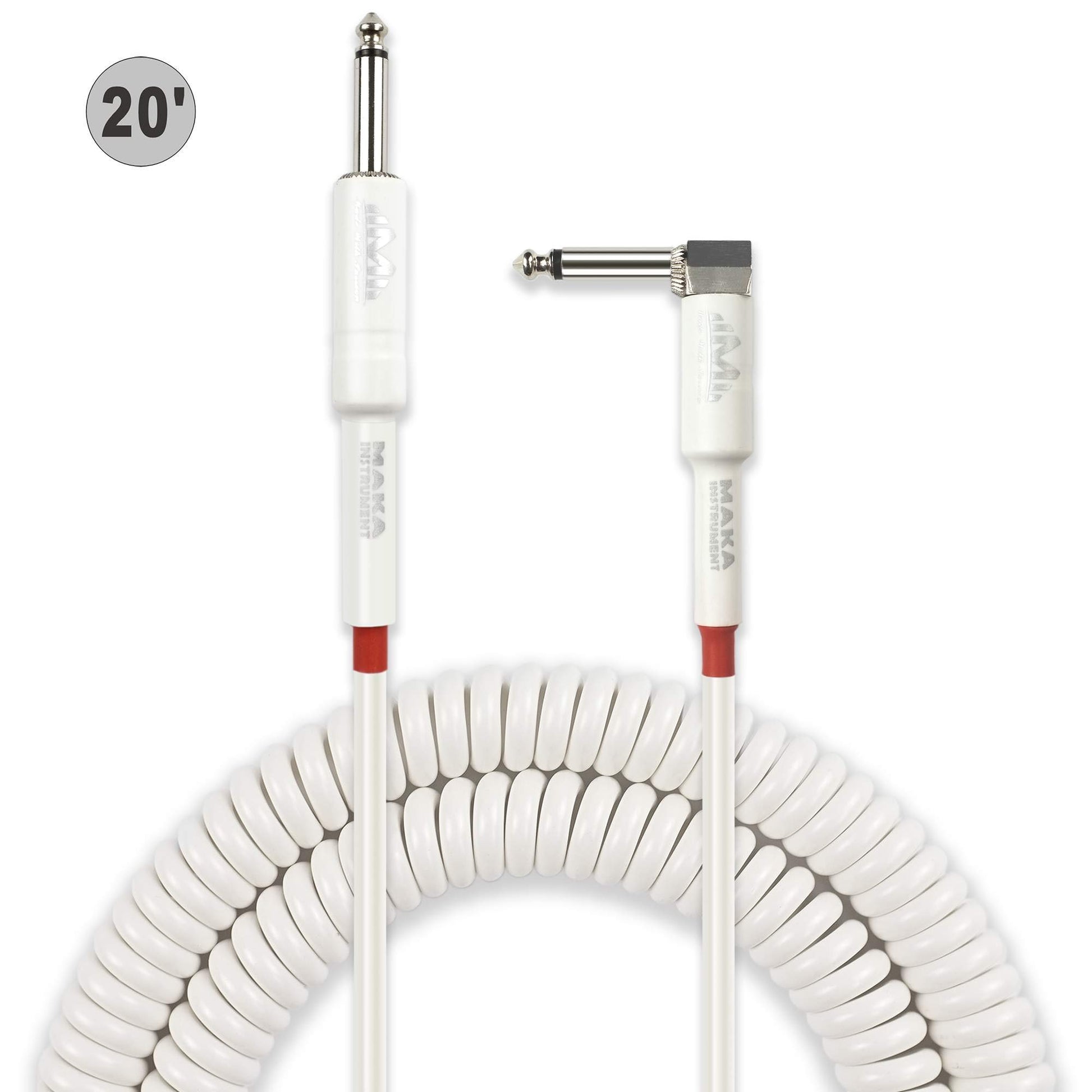 M MAKA - Cable de bobina de guitarra premium de 20 pies, cuerda rizada en espiral para guitarra, bajo de 1/4 pulgadas, ángulo recto a recto, color blanco