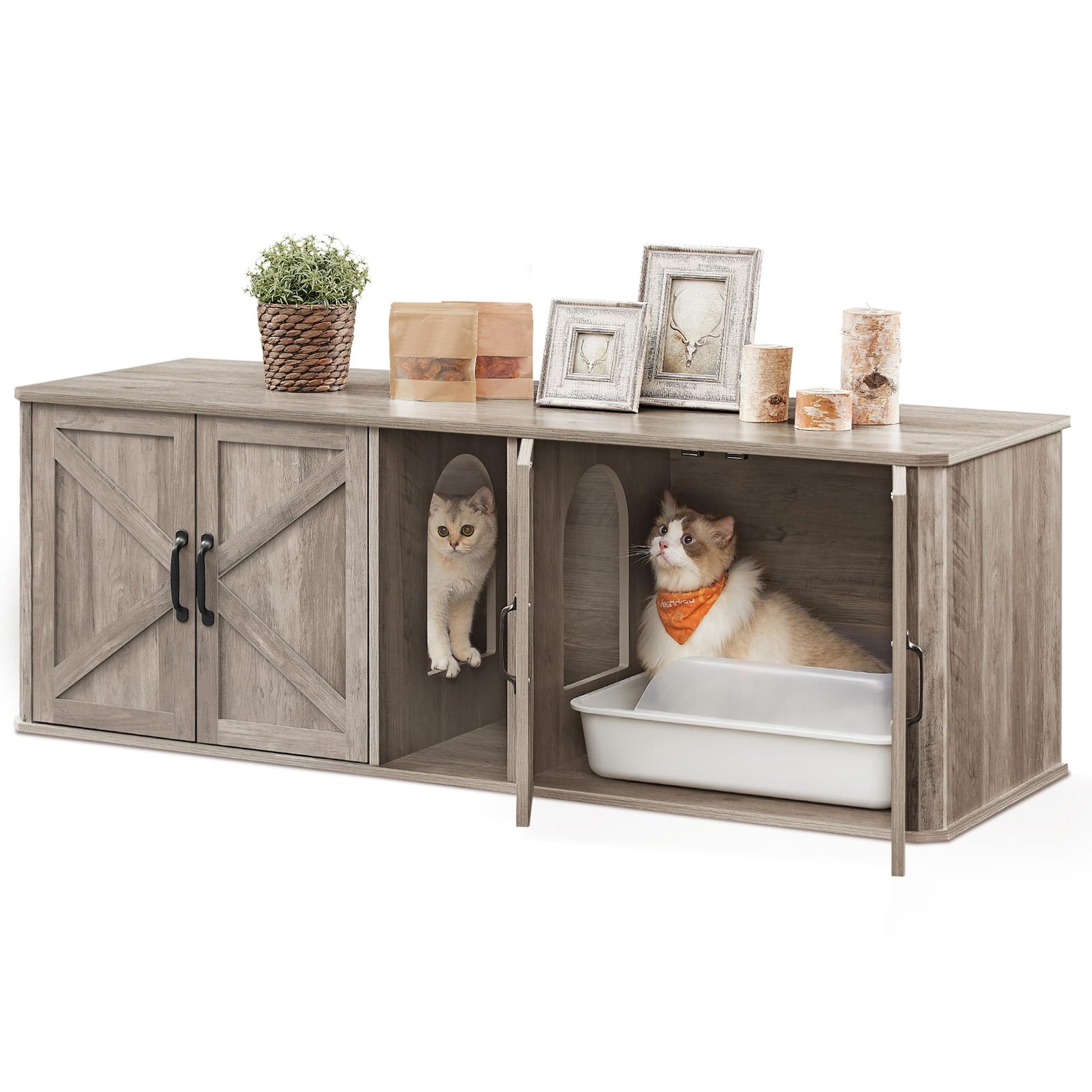 Feandrea Mueble Arenero para Gatos, Caja de Arena para 2 Gatos, Mesa Auxiliar, 145.6 x 48.5 x 50 cm, Greige Mélange MPCL010G01