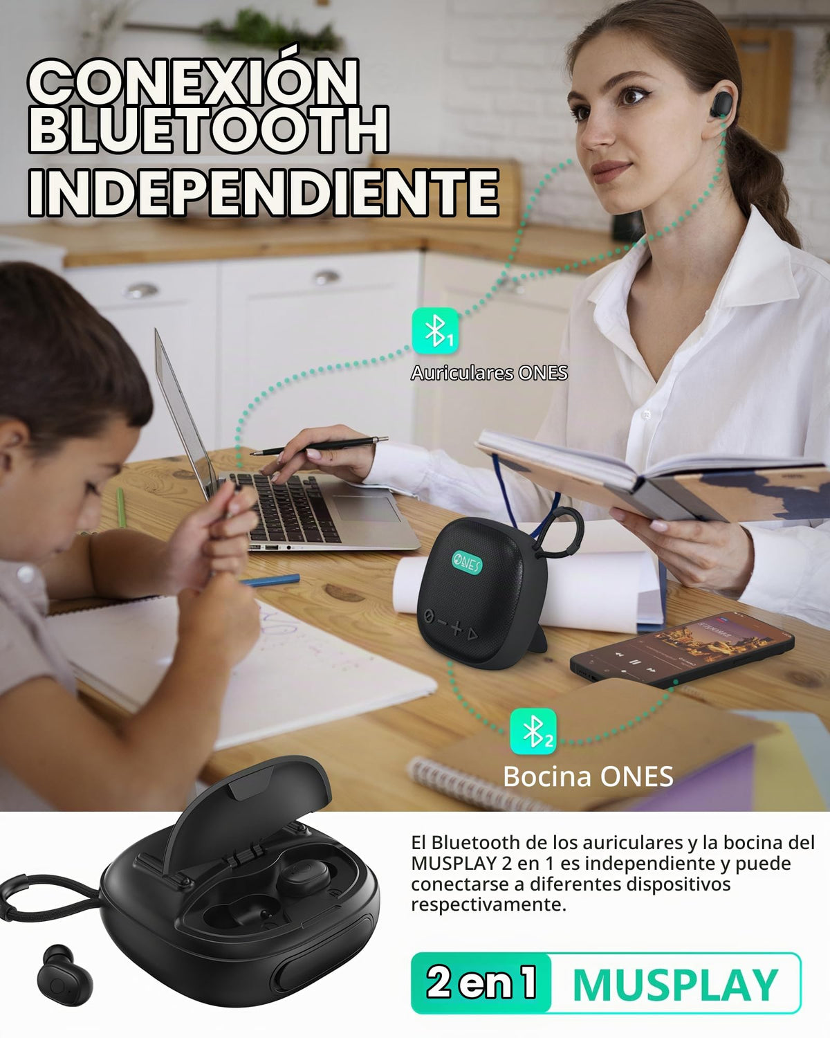 Altavoz Inalámbrico ONES MusPlay Negro 2 en 1 Portátil Compacto Inteligente