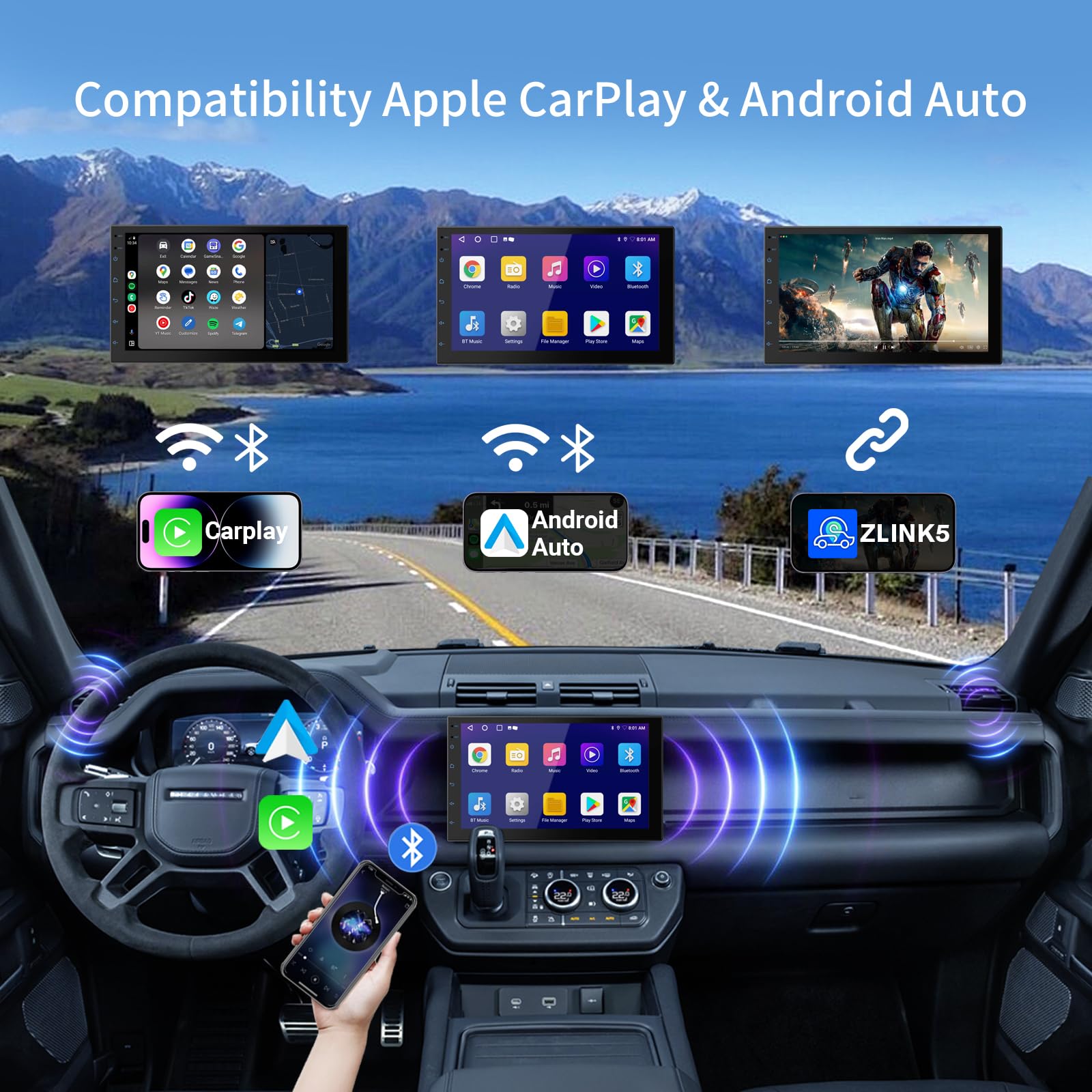 Haudio Estéreo inalámbrico de doble din, con visualización táctil HD de 7 pulgadas, CarPlay y Android Auto | Cámara de respaldo | Navegación GPS Bluetooth | FM/AM | Todos los vehículos