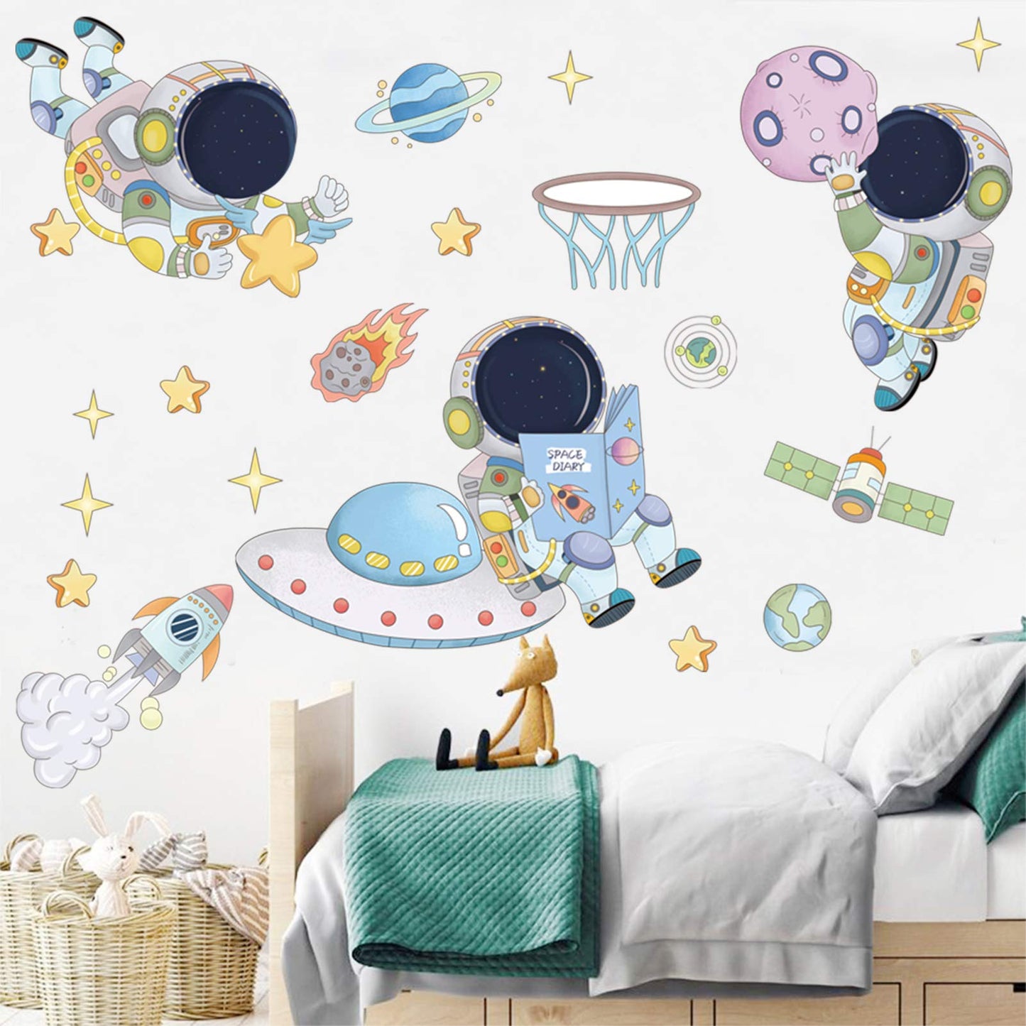 DILIBRA - Calcomanías de pared para astronautas, planeta, paseo espacial, naves espaciales, vinilo extraíble, murales de pared, lindos dibujos animados, astronauta cosmonauta, papel pintado para niños