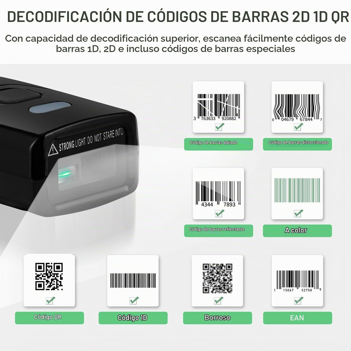 Escáner de Código de Barras JRHC Inalámbrico Bluetooth 1D 2D 3 en 1 Portátil Automático Rápido