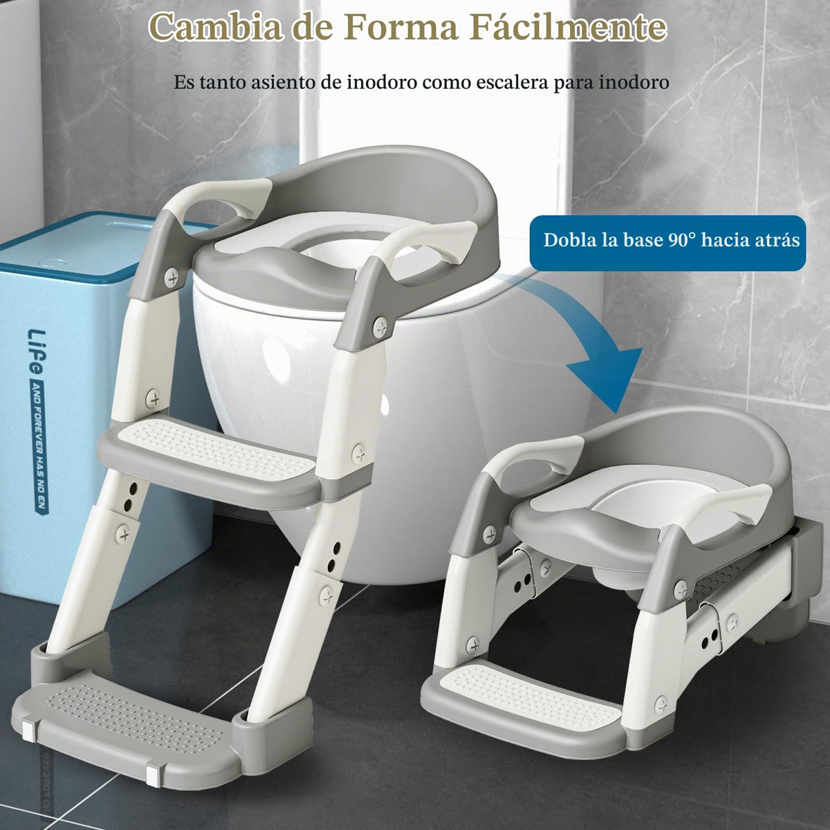 CUXFLS Asiento para Entrenamiento de Baño 3-en-1 para Niños Pequeños (Inodoro, Escalera, Ayuda para Agacharse) para Niños y Niñas con Cojín Desmontable, Anti-Salpicaduras y Diseño Plegable - Gris