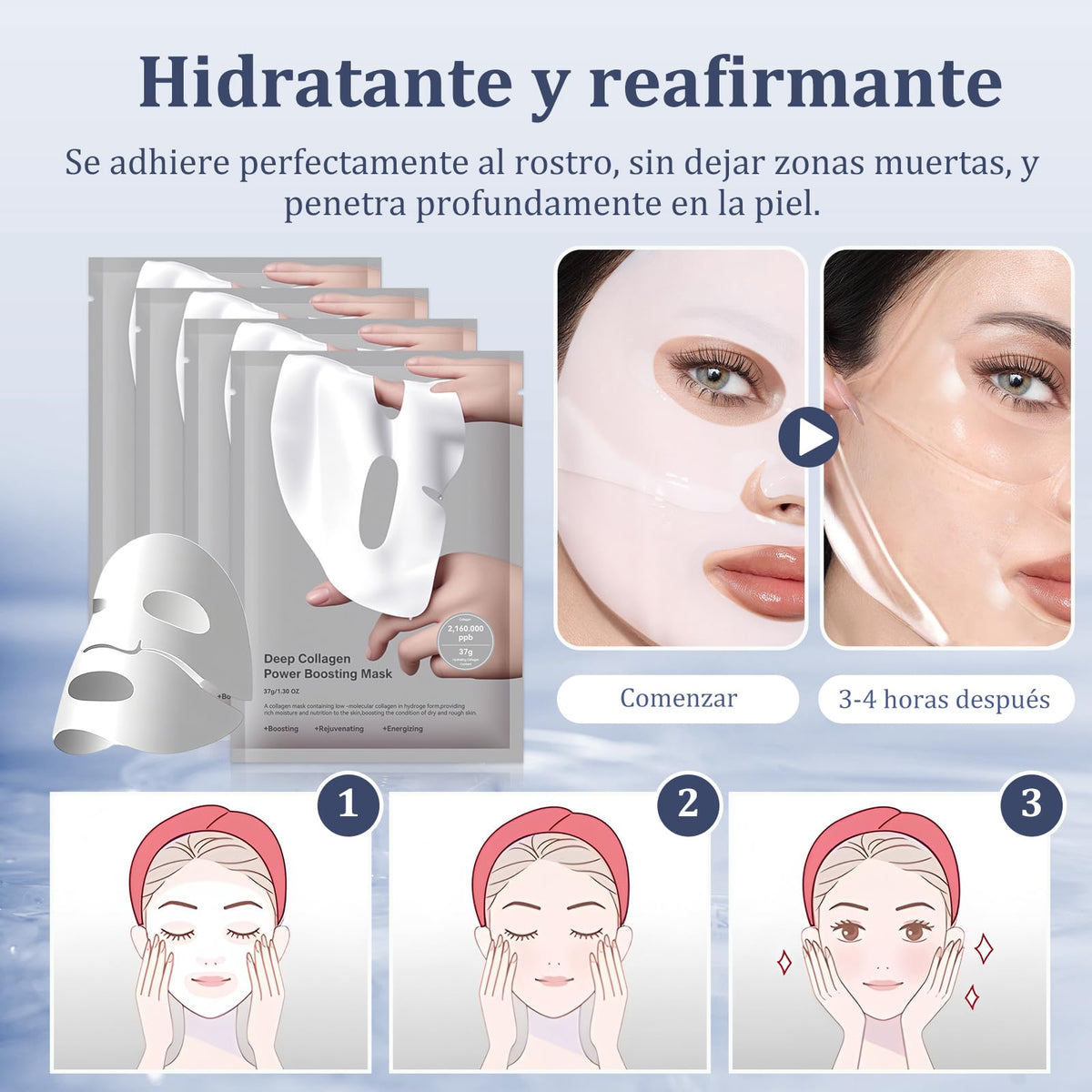 RUIAO 8PCS Mascarillas Faciales, Mascarilla Bio Colágeno, Reafirma e hidrata la piel, reduce los poros, Mascarilla Nocturna de Colágeno Profundo para Elasticidad, Low Molecular Collagen Face Mask.
