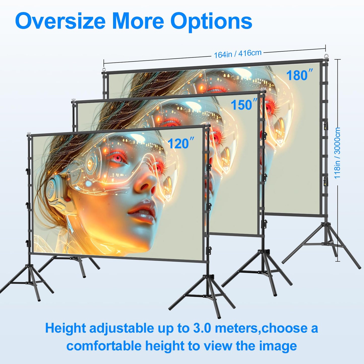 visualización de proyector con soporte, soporte portátil de alta resistencia, visualización de proyección frontal trasera 4K HD 16:9 con bolsa de transporte, soporte de altura ajustable para cine en