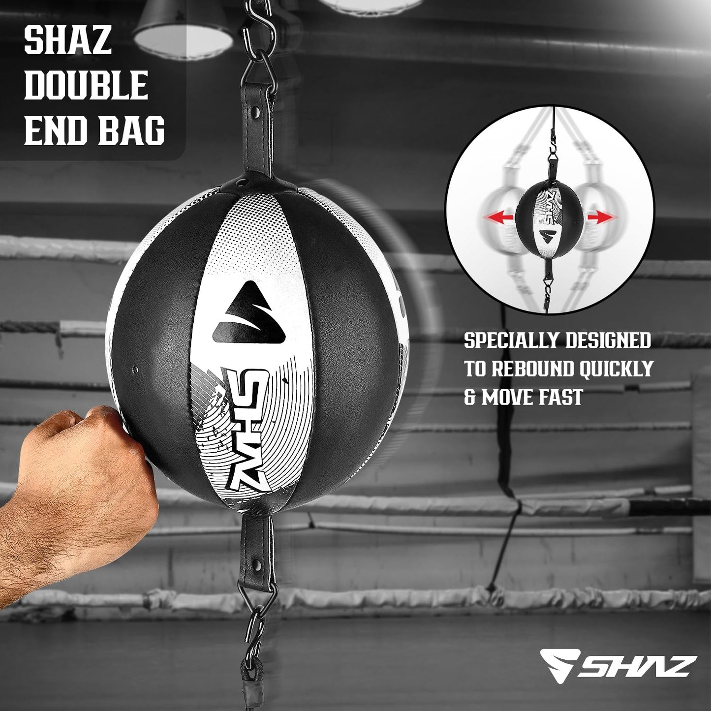 Bolsa de Boxeo de Doble Extremo SHAZ Negro Blanco con Cuerdas Elásticas para Entrenamiento en Casa y Gimnasio