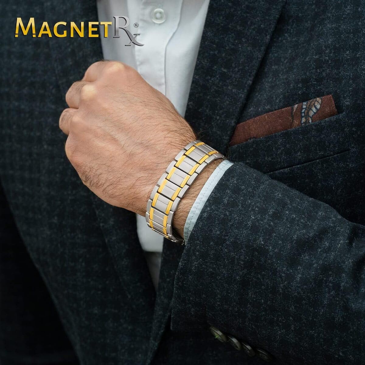 MagnetRX® Titanium Magnetic Bracelet – Magnetic Bracelets for Men – Premium Fold-Over Clasp & Adjustable Length with Sizing Tool (Silver & Gold)
