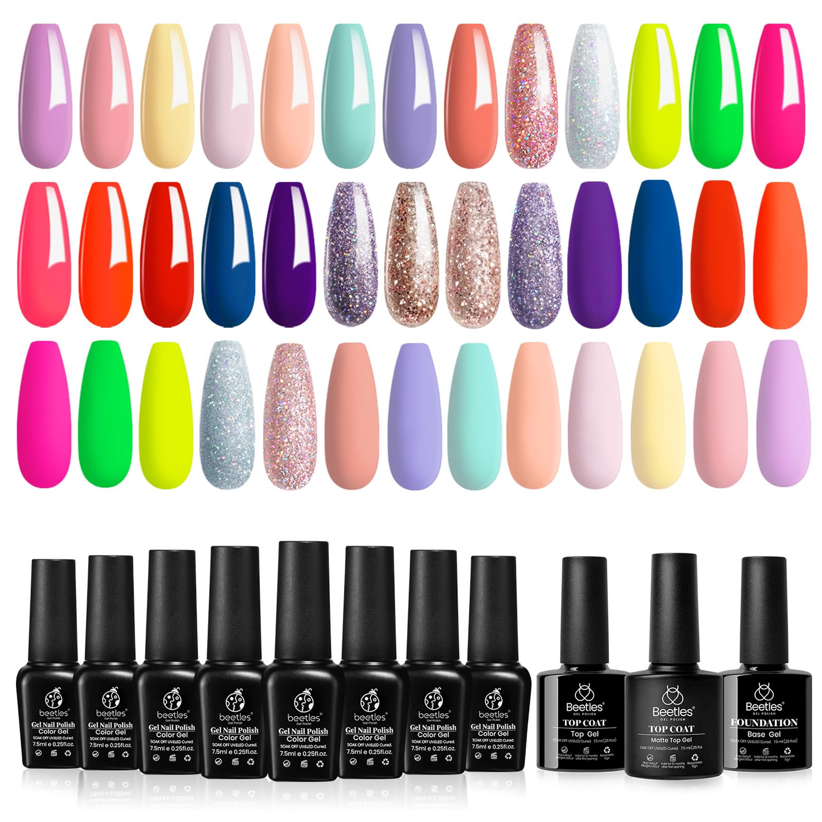 Beetles Juego de esmalte de uñas en gel, colección de 23 piezas, amarillo pastel, azul, rosa, rojo neón, purpurina, morado, esmalte de uñas UV, kit de manicura para mujeres con base mate y capa superior brillante
