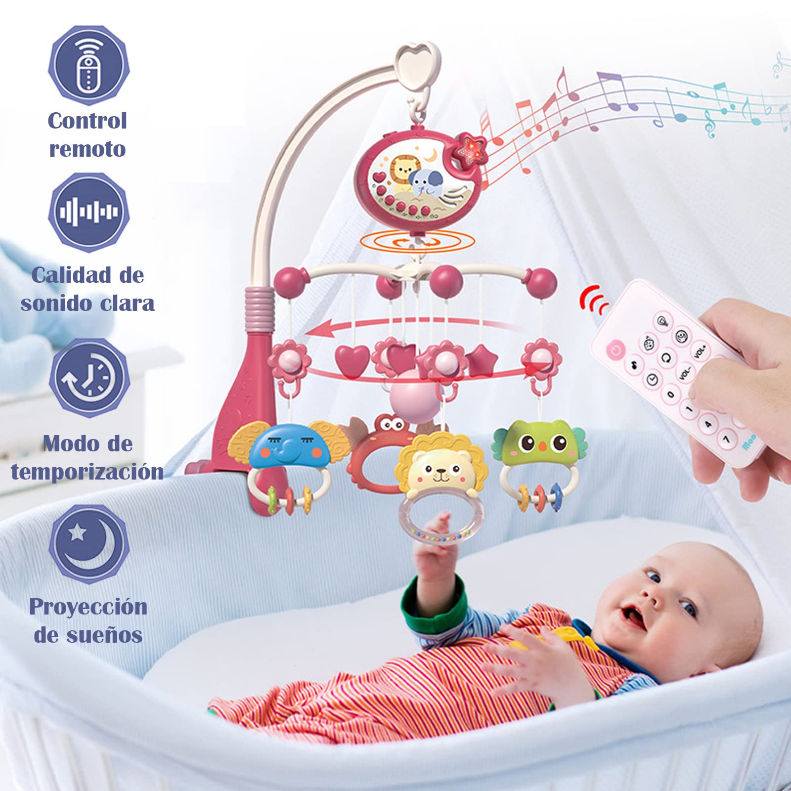 Juguetes para Cuna de Bebe Musical,Móvil para Bebé Giratoria 360° con Proyección y Mando A Distancia,decoración de cama para recién nacidos,Regalo para Recién Nacidos