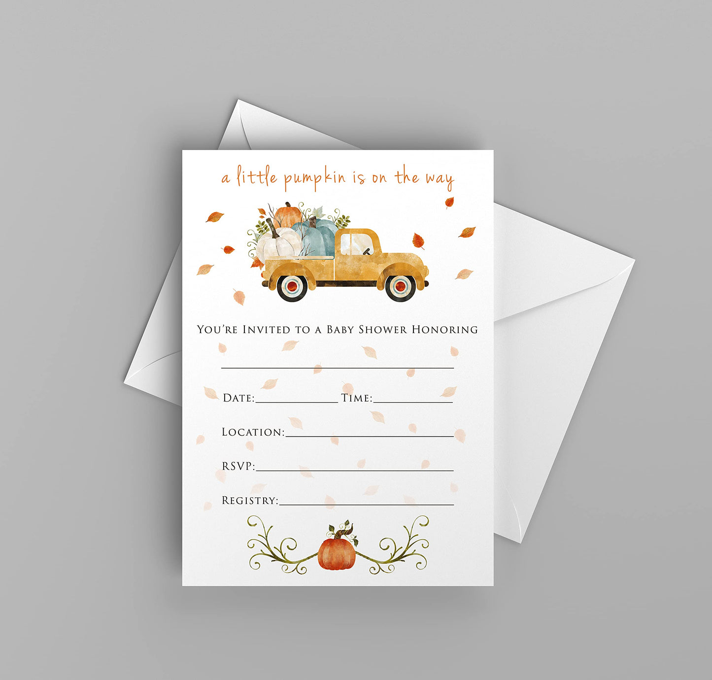 Pumpkin Truck Baby Shower Invitation, Includes Envelopes, 25 Count, Made In The U.S.A.