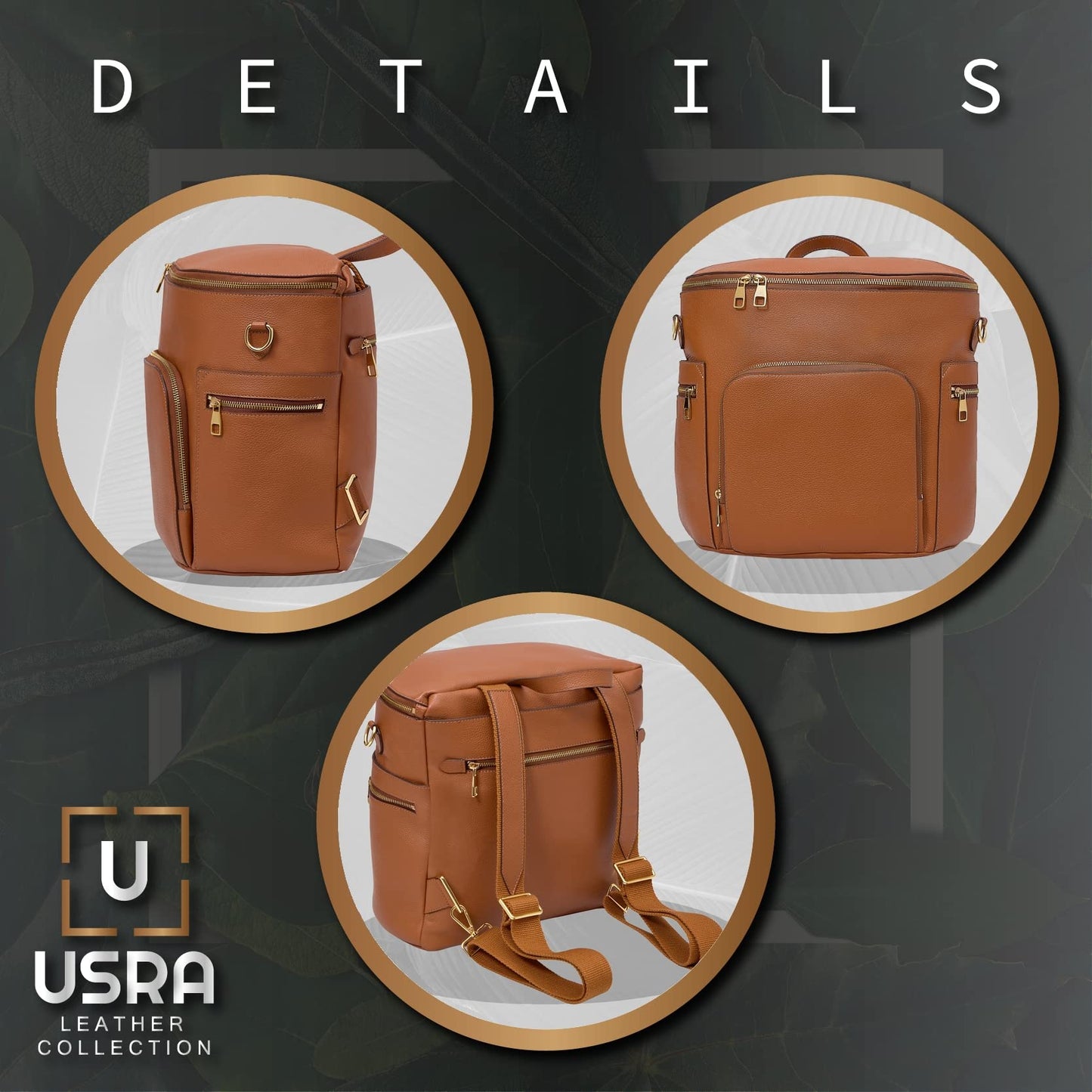 USRA - Bolsa de pañales de piel auténtica, mochila para mamás, organizador de bolsa de maternidad funcional de calidad duradera, Marrón, Large, Piel auténtica