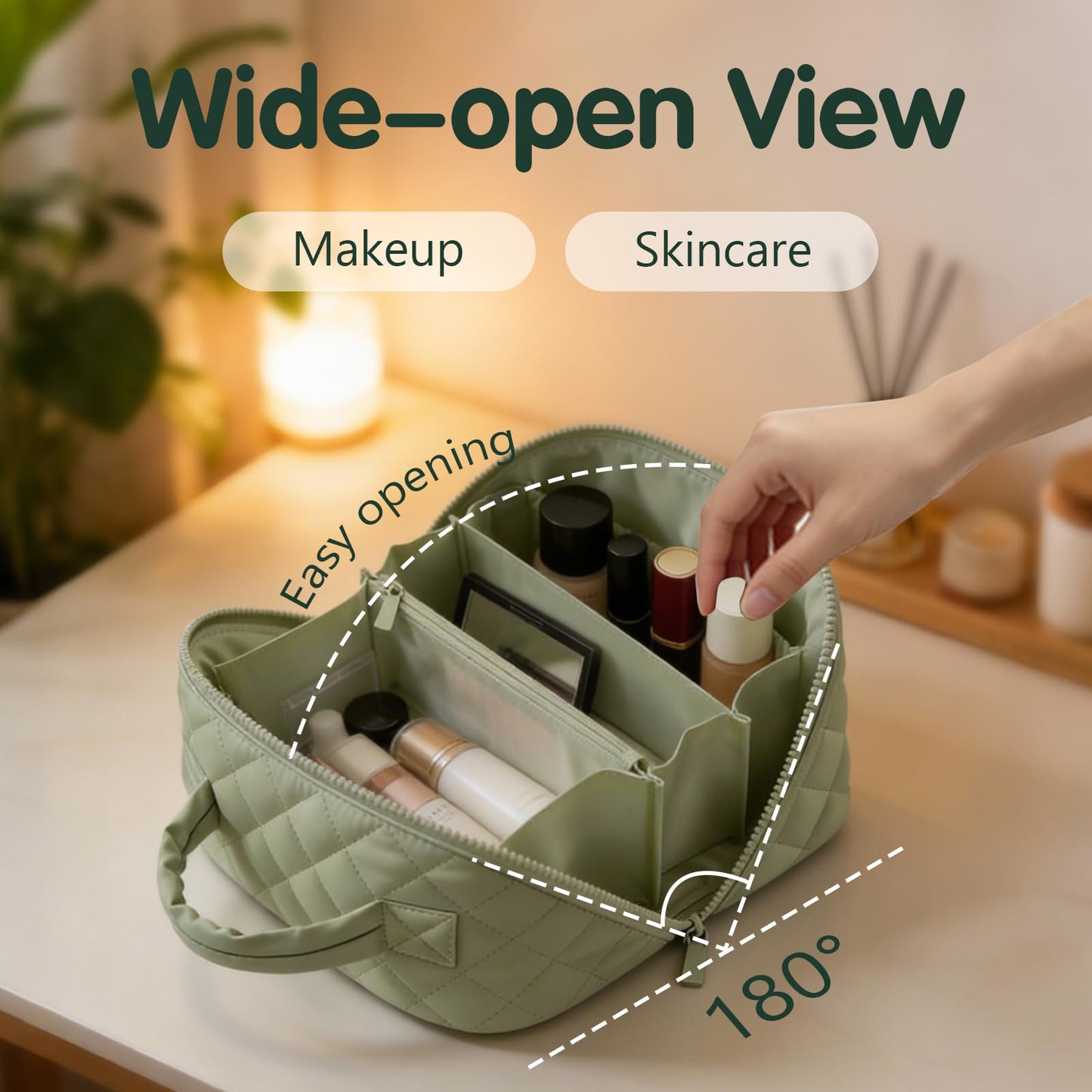 BQFLY - Bolsa de maquillaje plana para maquillaje de viaje que abre cosméticos - Juego de 3 bolsas lavables para mujer y ir - Estuche grande para mujer, color verde, para maquillaje My Parallel Bah