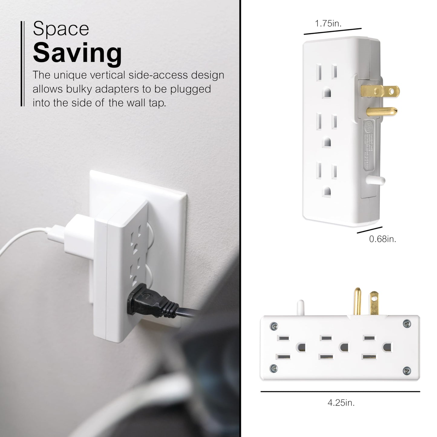 GE home electrical Extensor de 6 salidas con acceso lateral, llave de pared, gira 2 salidas en 6, 3 puntas, clasificación interior, listado UL, blanco, 54543