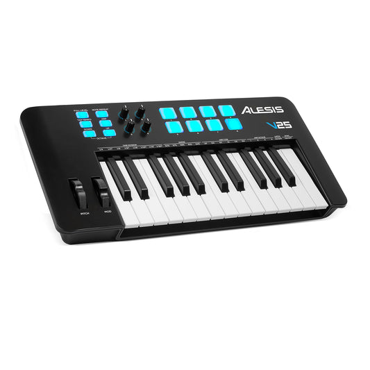 Alesis V25 MKII - Teclado Controlador MIDI USB, 25 teclas sensibles a la velocidad, 8 Pads con Full Level, Arpegiador, Rueda Pitch/Mod, Note Repeat y Suite de software