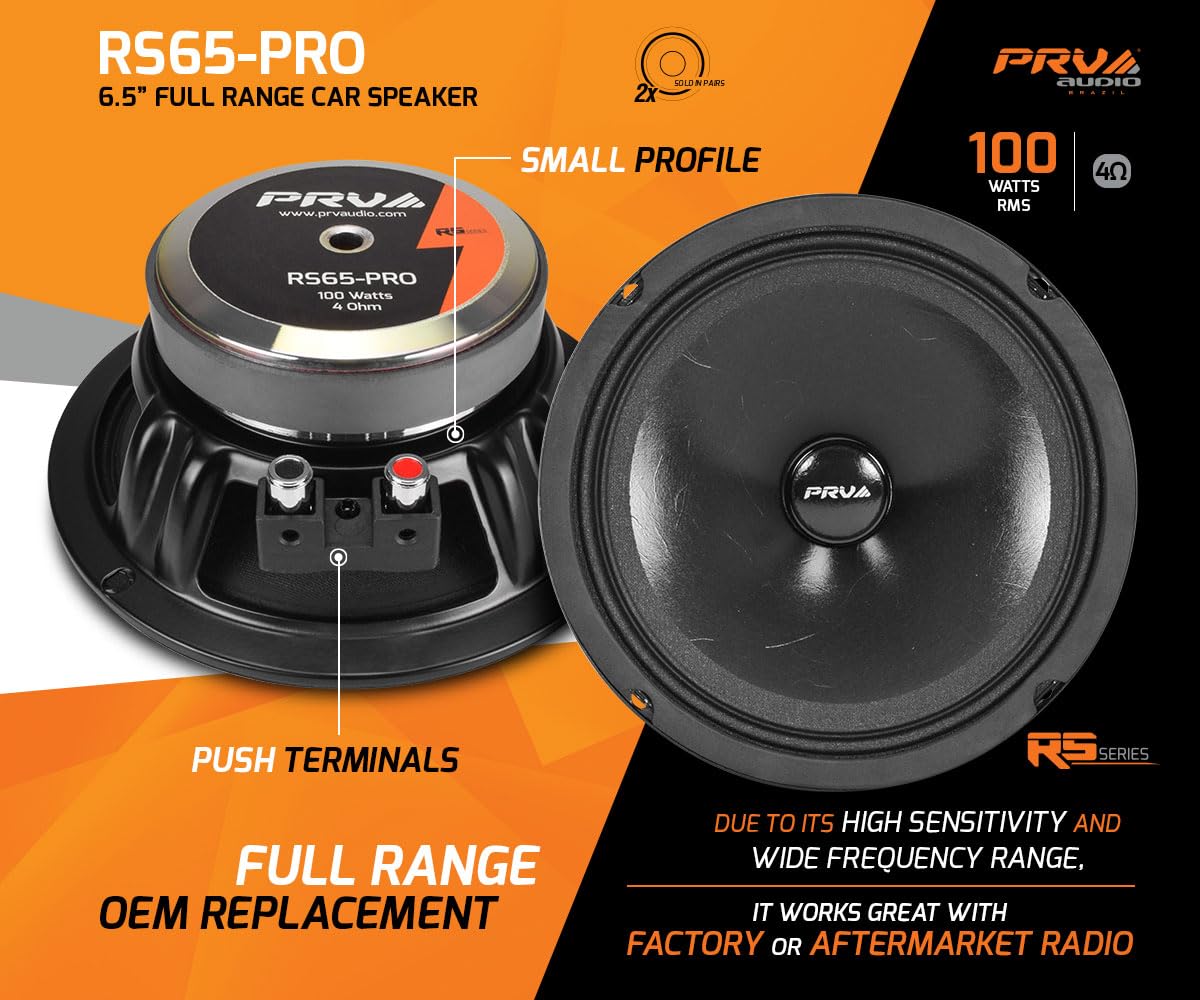 PRV AUDIO - Altavoces de rango completo para coche de 6.5 pulgadas, 200 vatios por par, 4 ohmios RS65-PRO, altavoz de repuesto OEM de alta calidad, ideal para sistema de sonido estéreo de coche con