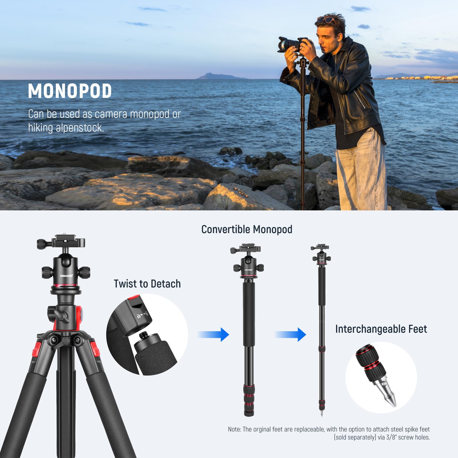 Monopié NEEWER Aluminio 184cm con Rótula y Placa QR Tipo Arca para Cámara Réflex Digital y Videocámara
