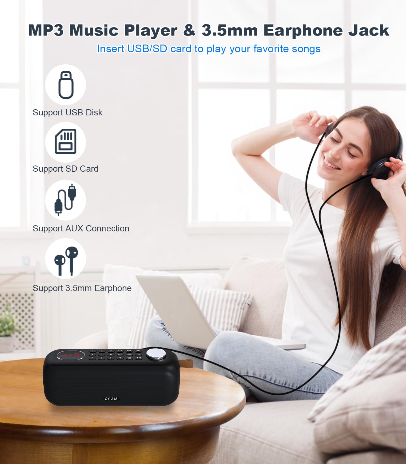 ONGTEED - Altavoz Bluetooth portátil con radio FM digital, compatible con tarjeta USB/SD MP3 Play/AUX/REC, batería recargable integrada de 3000 mAh, altavoz súper sonido y conector para auriculares