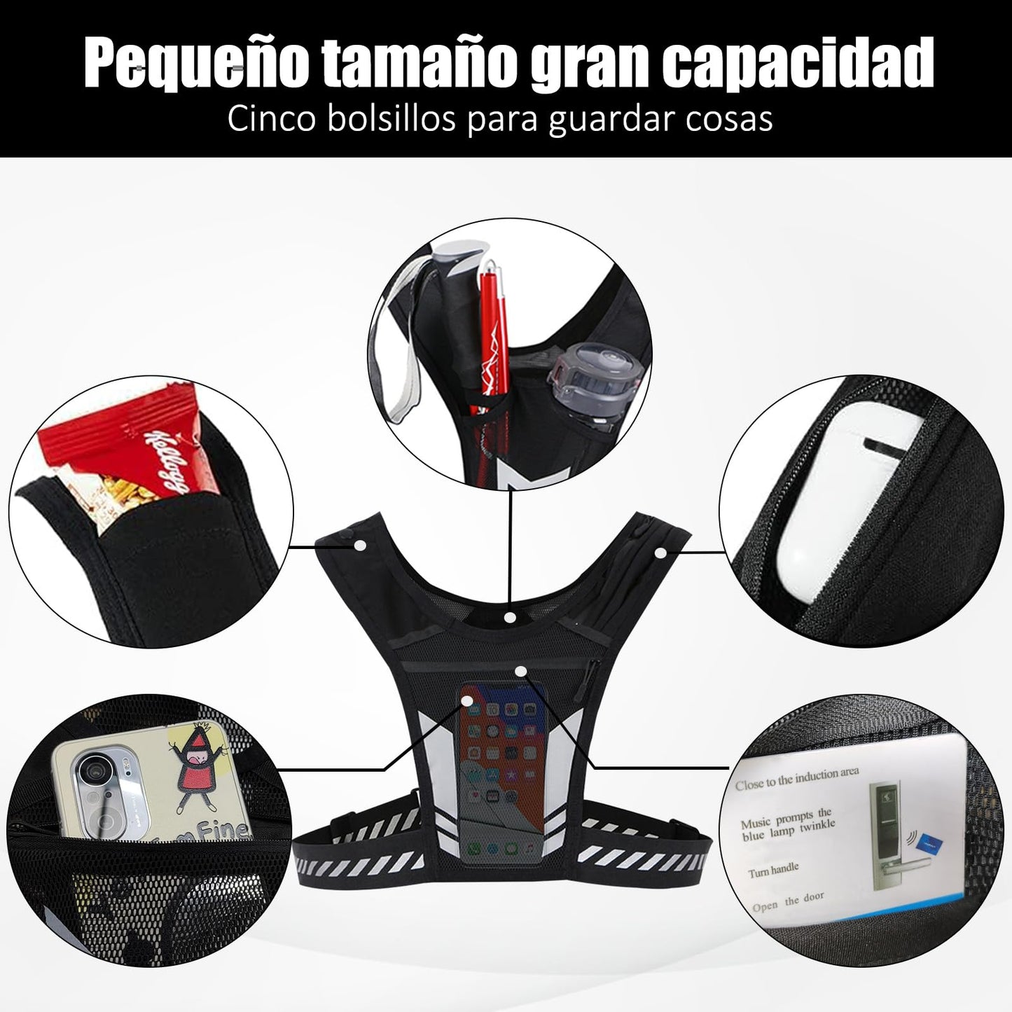 Chaleco para Correr con Bolsillo, Gran Capacidad para Botella de Agua, Teléfono, Llaves y Auriculares, Diseño de Banda Reflectante, Ligero y Transpirable para Correr, Ciclismo, Gimnasio.
