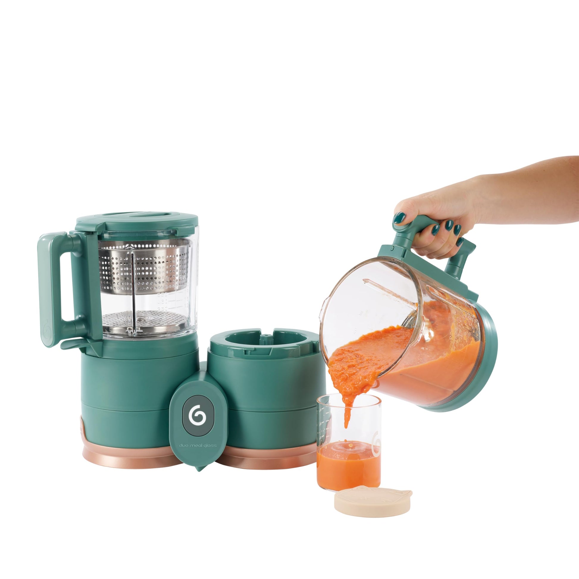 Babymoov Duo Meal de Vidrio 4 en 1: Procesador de Alimentos para Bebés con Vaporizador de Vidrio Incorporado, Cesta de Acero Inoxidable y Licuadora de Vidrio (Capacidad de Más de 6 Tazas), Verde