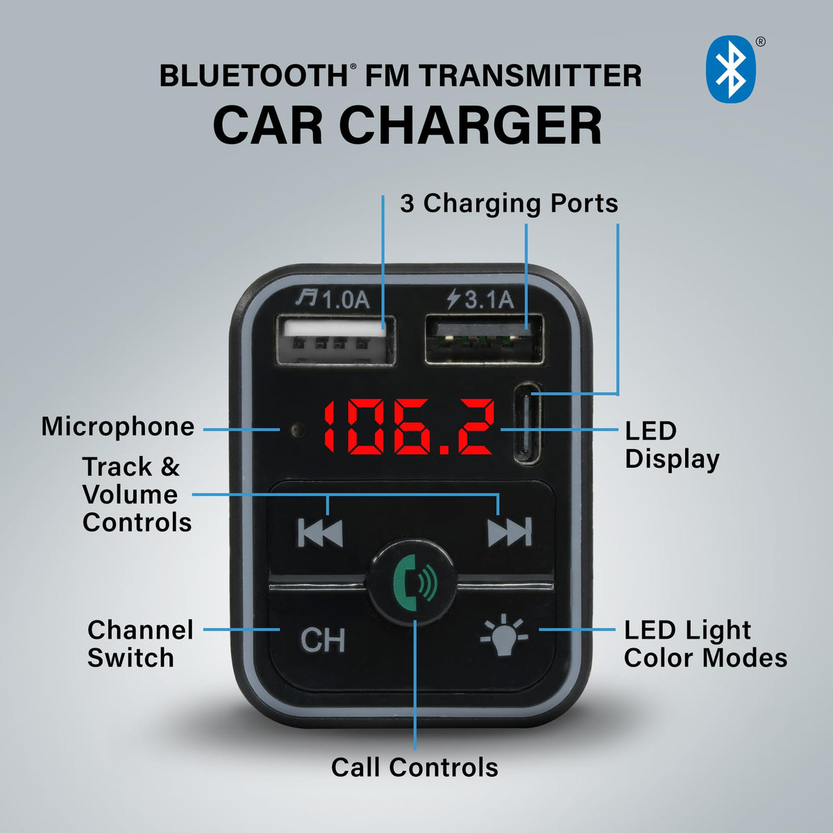 Transmisor FM Bluetooth XTREME Negro con Micrófono de Cancelación de Ruido para Coche