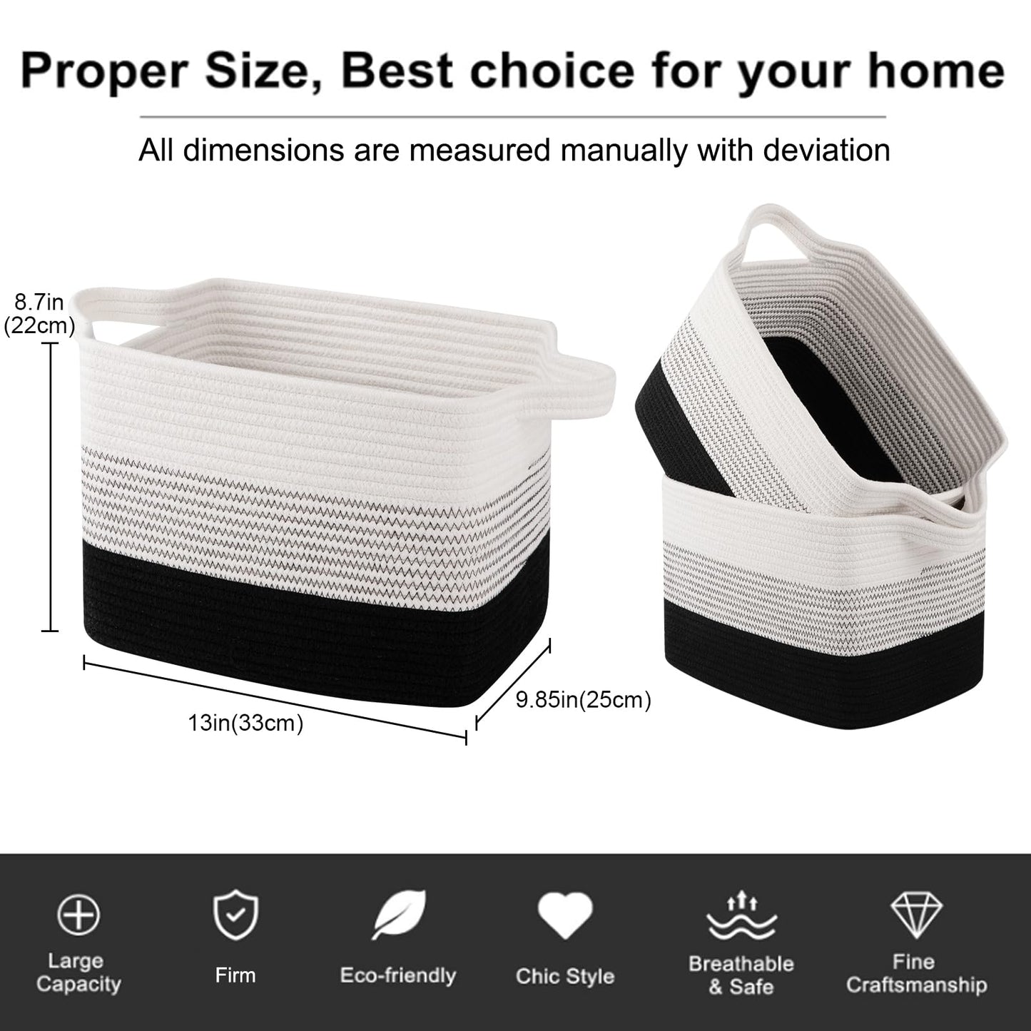 OIAHOMY Cesta de almacenamiento, cestas tejidas para almacenamiento, cesta de cuerda de algodón para juguetes, cestas de toallas para baño, paquete de 3, Degradado color negro