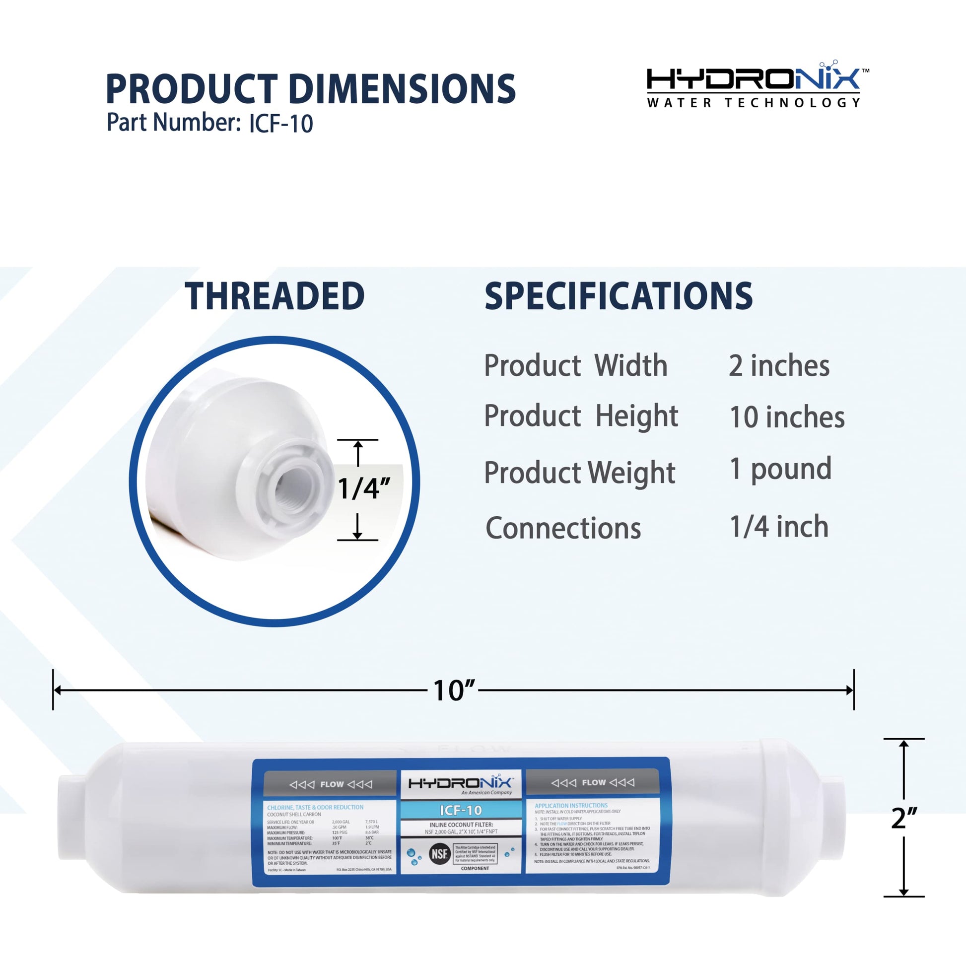 Hydronix ICF-10 Inline Coconut Filter 2000 Gal, 2" OD X 1 0" Length, 1/4" FNPT