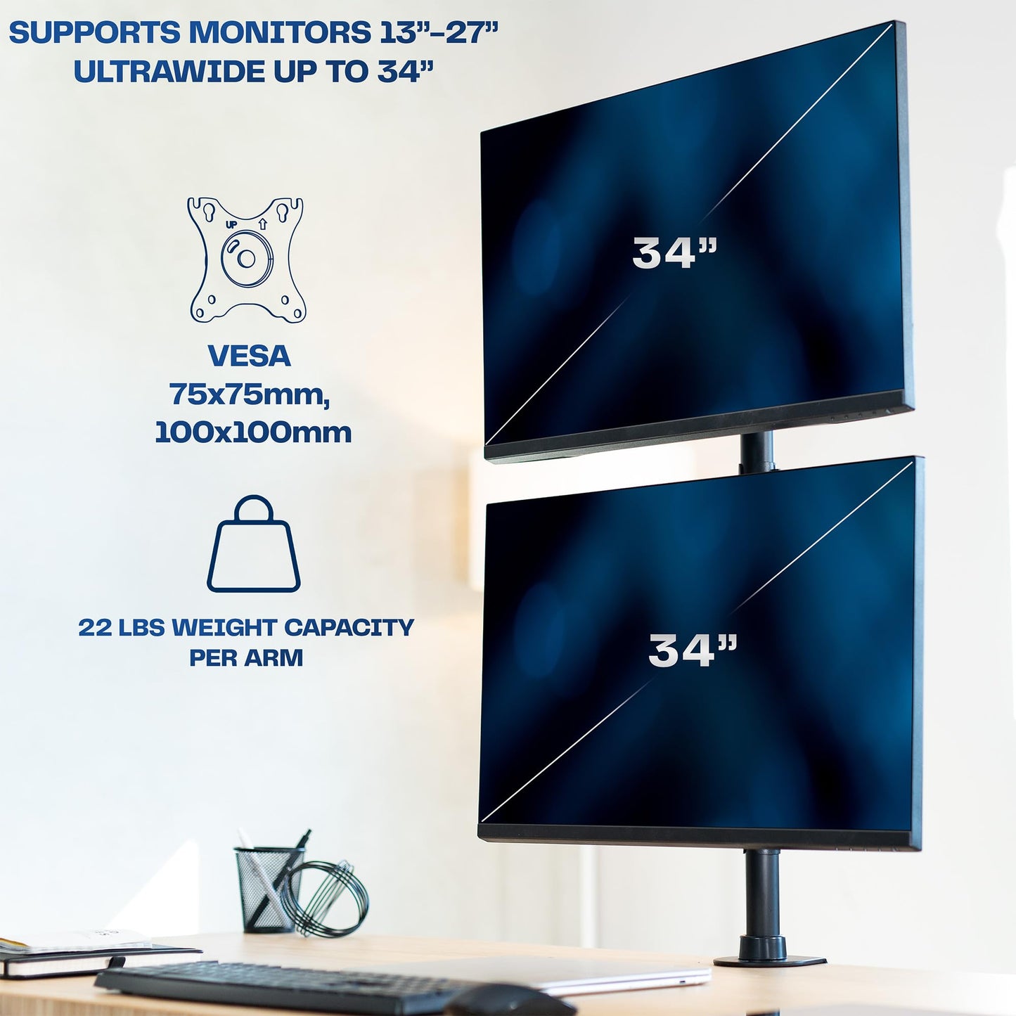 Soporte de Computadora Vivo Ajustable para Monitor Dual Negro con Placas VESA para 2 Pantallas LCD Ultra Anchas de hasta 34 Pulgadas en Matriz Apilada