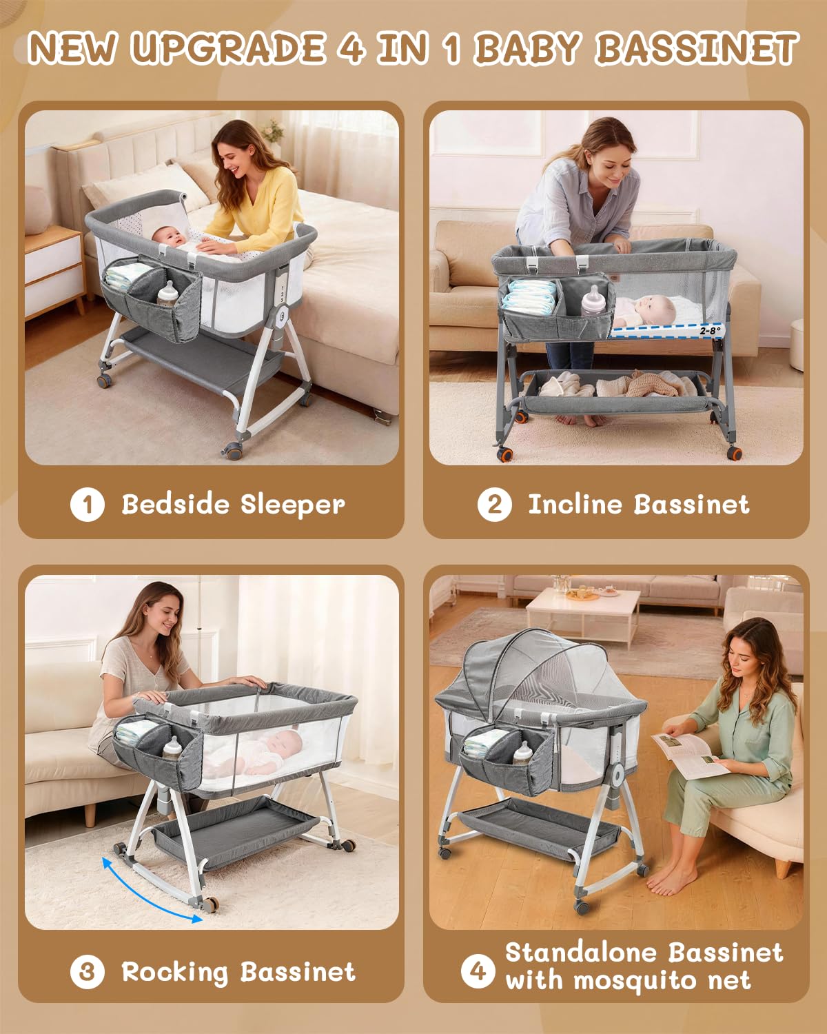 Leoavetole - Moisés de cama para bebé, cuna 4 en 1 con ruedas, cuna ajustable de 6 altura con malla transpirable para recién nacidos y bebés (gris profundo)