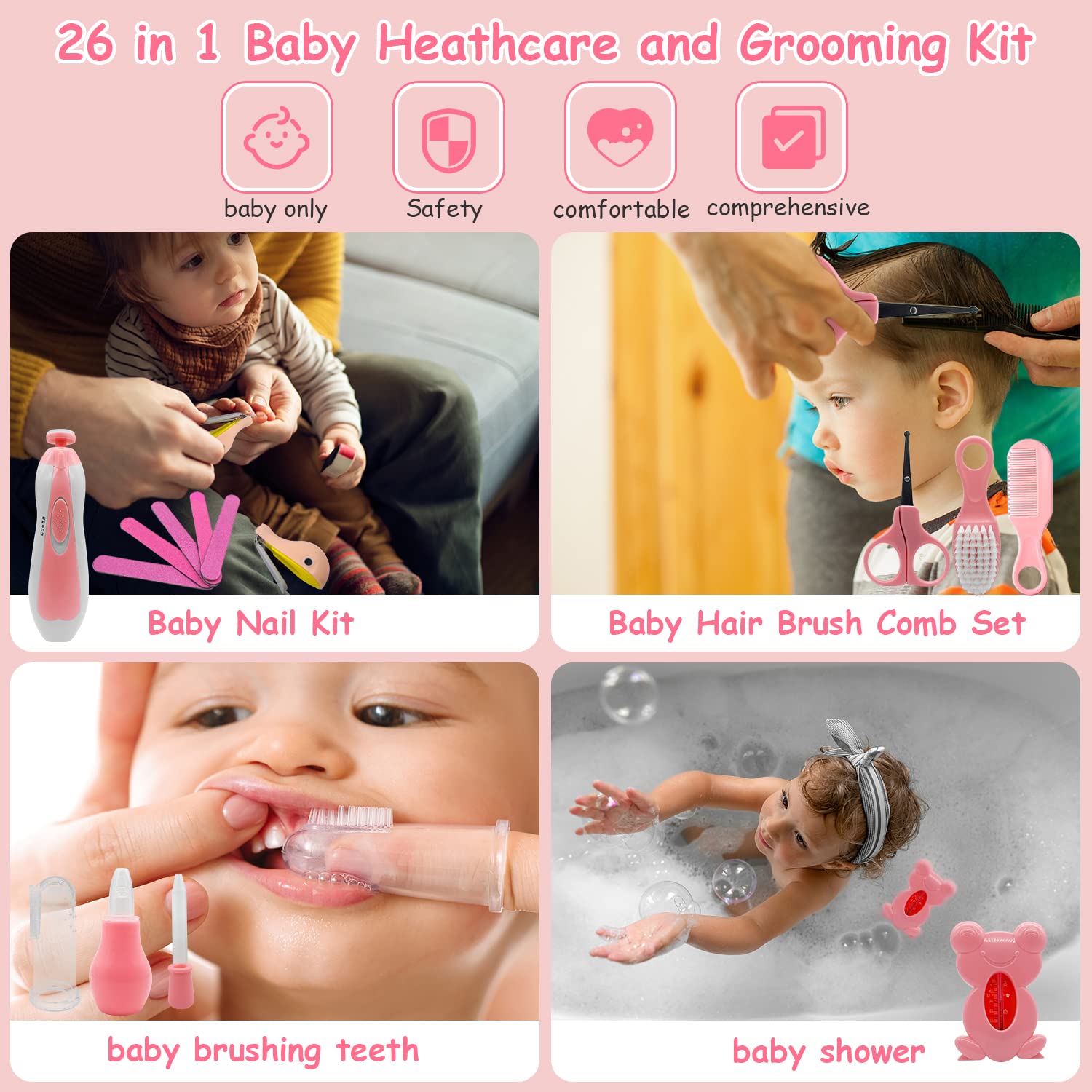 LLbucuo - Kit de cuidado de la salud y aseo para bebés, 26 en 1, juego de recortadora de uñas eléctrica para bebés recién nacidos, niños pequeños, niñas y niños, herramientas de corte de pelo