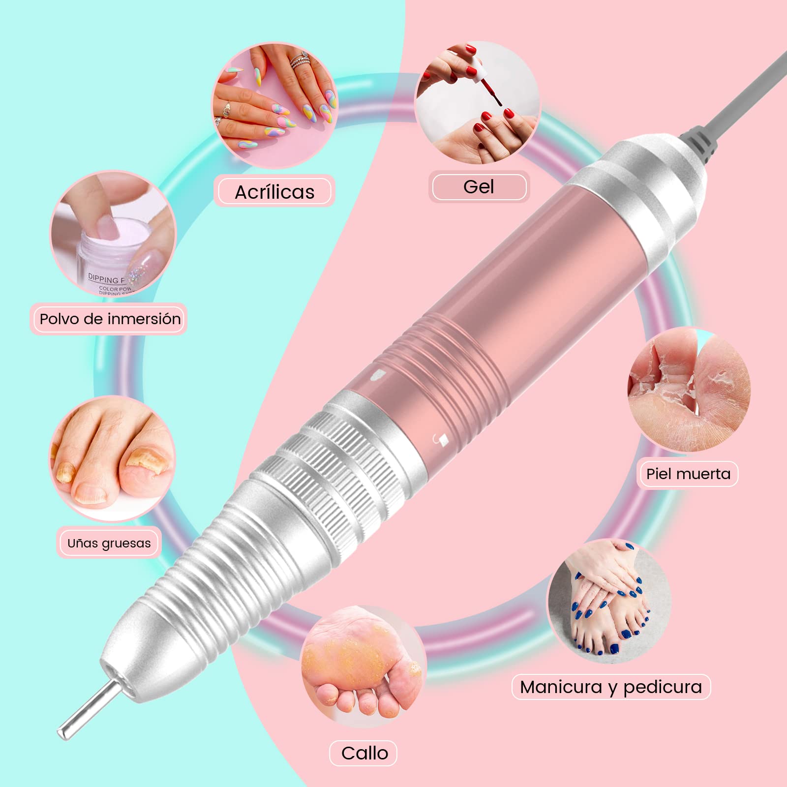 Delanie Drill para Uñas Profesional 35000 RPM con Cable, Taladro Eléctrico para Uñas Acrílicas y de Gel, Máquina de Manicura y Pedicura para Salón, Oro Rosa (Con Cable, No Recargable)