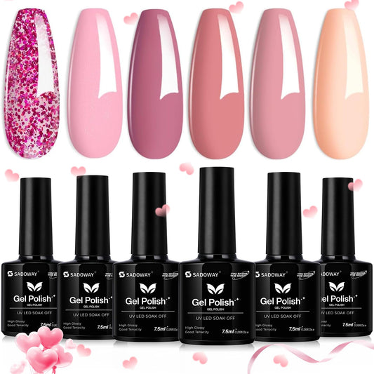 SADOWAY Esmalte en Gel Kit: Juego de 6 Colores de Esmalte de Gel Desnudo Todas Las Estaciones Tonos de Piel Rosa Marrón(6 colors Whispers of Love) (6 colors Pink Confetti)