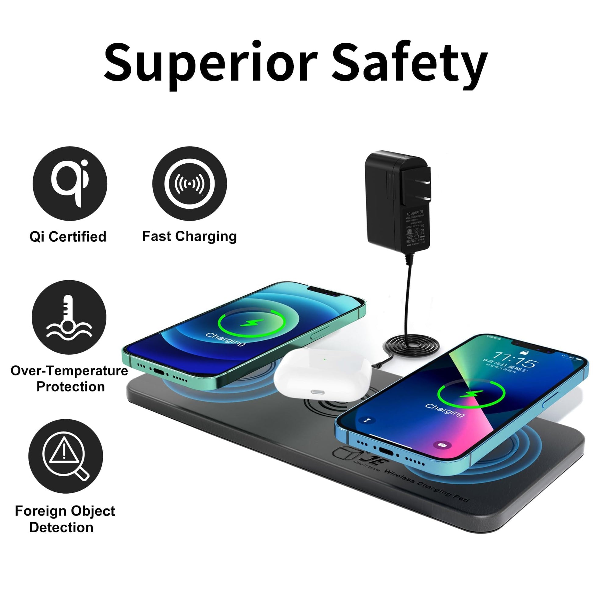 JE Cargador inalámbrico 3 en 1, Estación de Carga inalámbrica Compatible con iPhone 15/14/13/12/11/XR/XS/8, Cargador Inductiva Wireless para AirPods 3/2/Pro