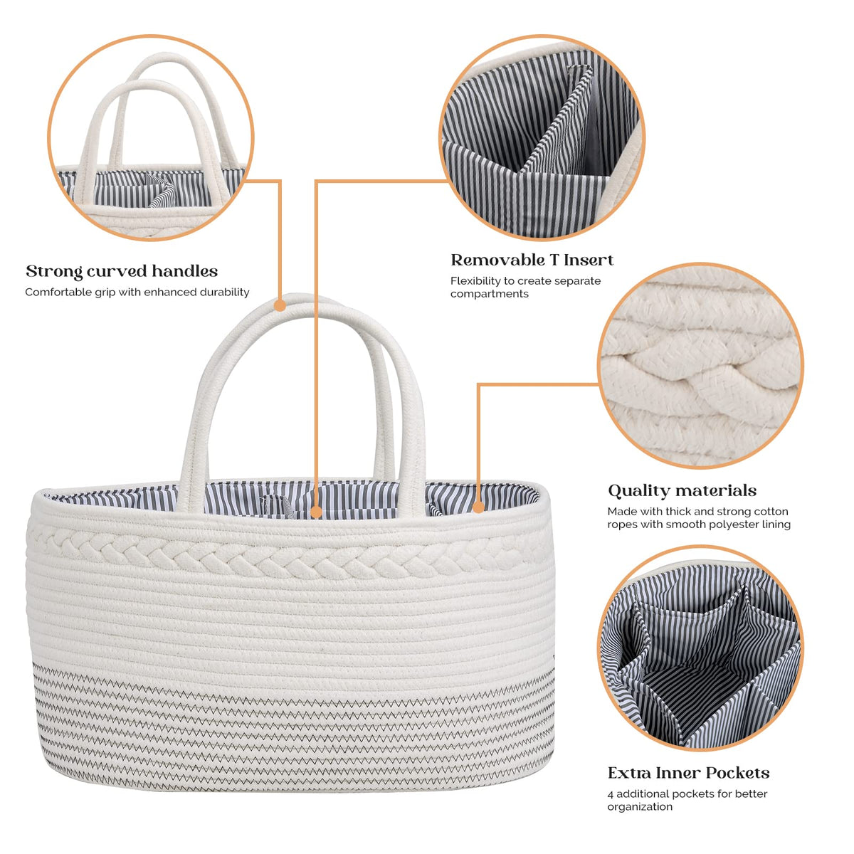 Organizador de pañales de lujo para bebé, cesta de pañales extra grande de cuerda de algodón para guardería, organizador de cambiador, bolsa portátil con divisor, almacenamiento de coche, regalos de