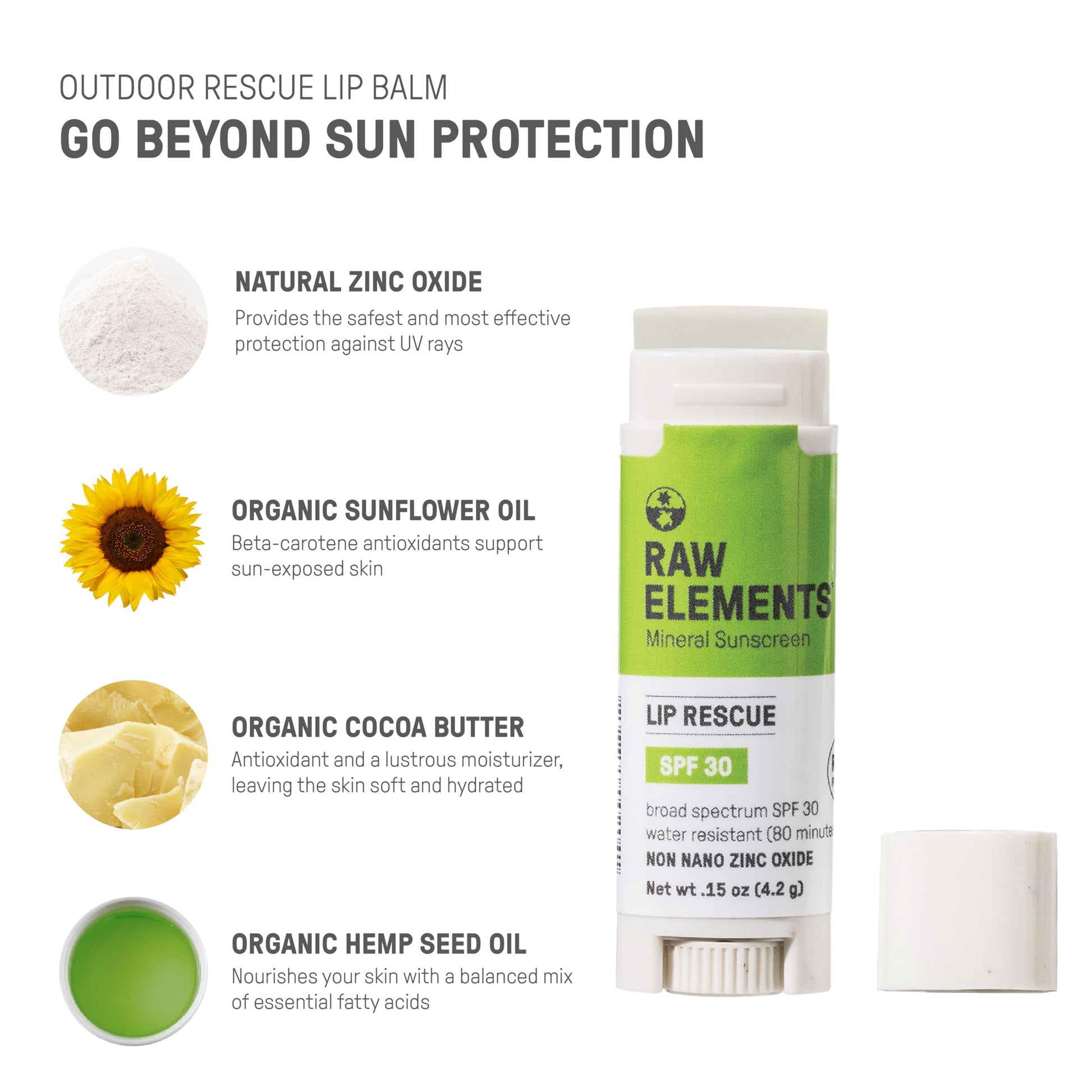 Protector Solar Labial Raw Elements Natural Certificado Zinc Oxide Orgánico Resistente al Agua Seguro para Arrecifes SPF 30+