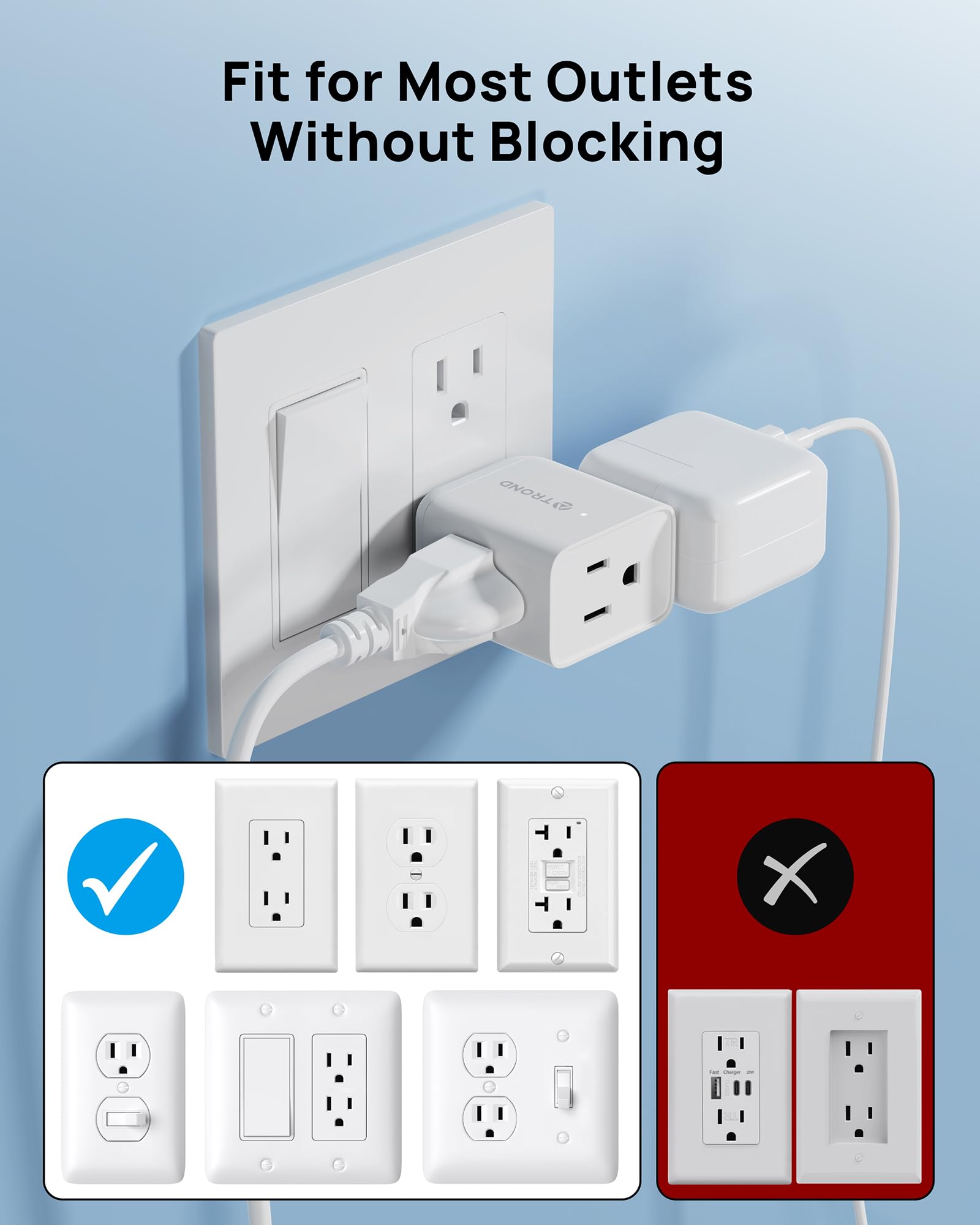 TROND Extensor de enchufe múltiple, Paquete de 2 divisores de toma de pared eléctricos, extensor de enchufe de 3 vías, adaptador de enchufe múltiple para mini enchufe de pared