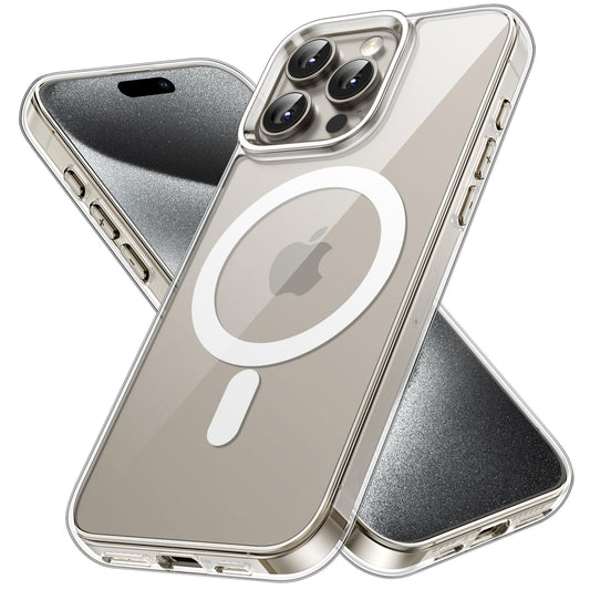 JETech Funda Magnética para iPhone 15 Pro MAX 6.7 Pulgadas, Compatible con MagSafe Carga Inalámbrica, Carcasa Antigolpes, Parte Trasera Transparente Anti-Arañazos (Transparente)