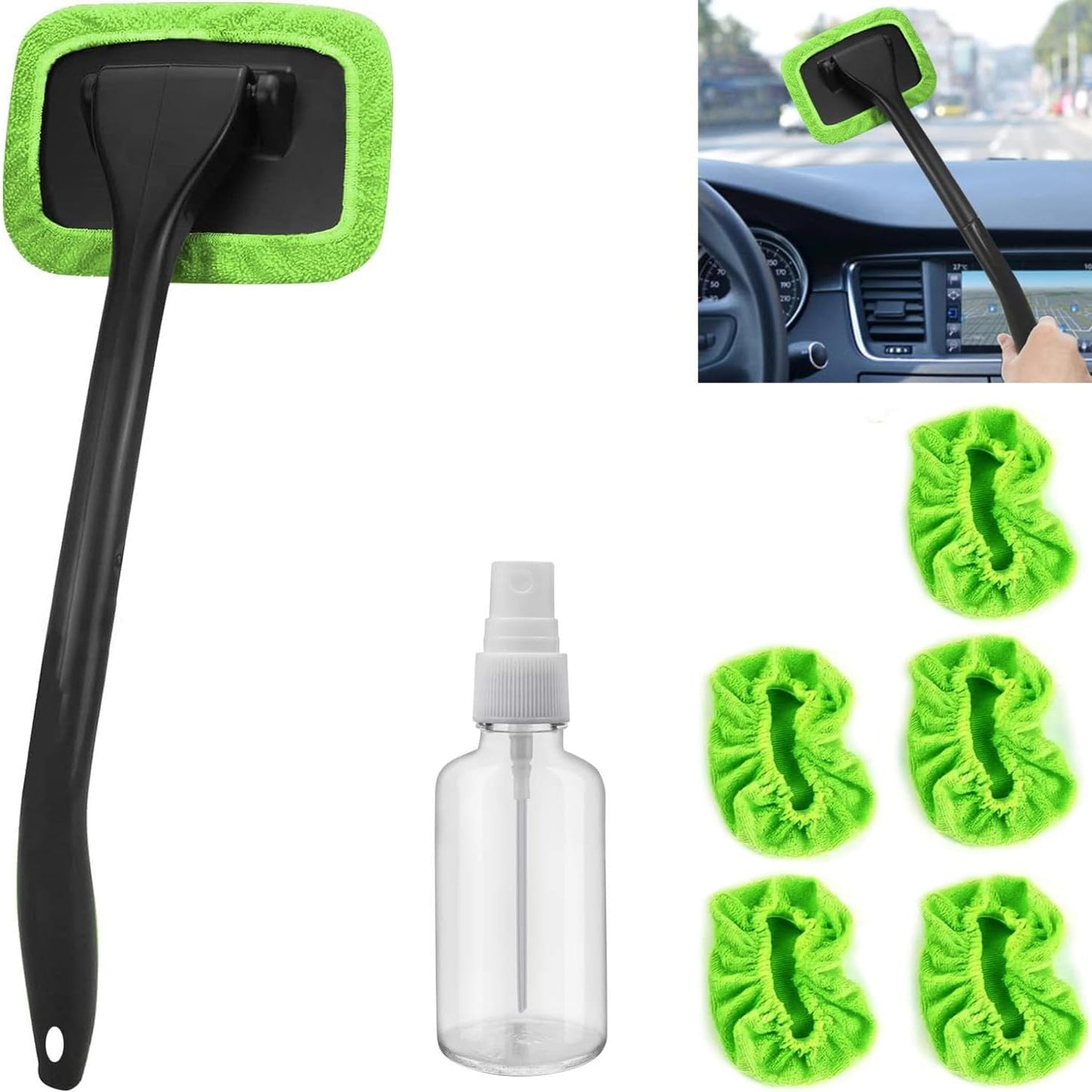 Herramienta de limpieza de parabrisas de coche, limpiador de parabrisas mejorado con 5 almohadillas de microfibra lavables y reutilizables y mango extensible para limpiaparabrisas automático (verde)