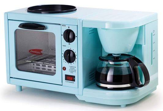 MaxiMatic EBK-200BL Elite Cuisine Cafetera/Tostador/Parrilla Multifunción para El Desayuno, 3 en 1, Azul