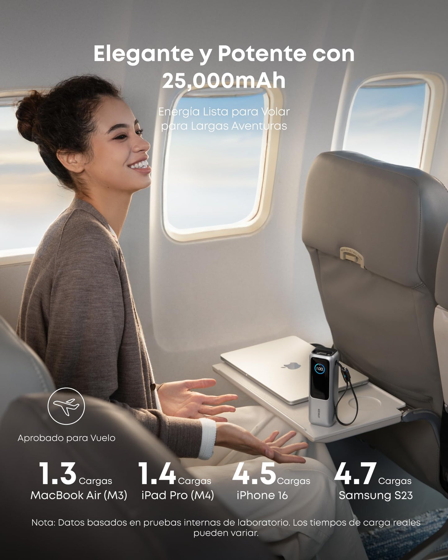 Batería Externa Anker Negra 25,000 mAh 100W USB-C con Cables Integrados y Retráctiles para Laptops y Móviles