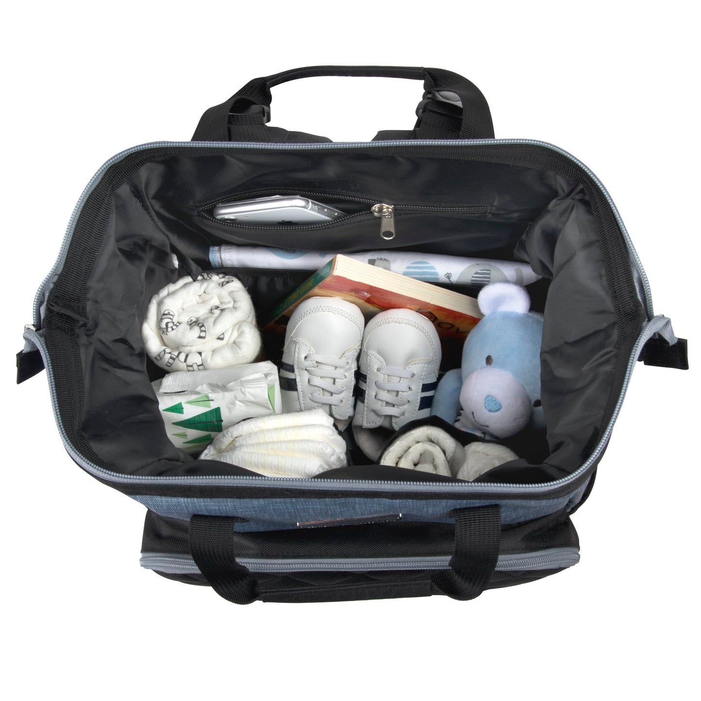Baby Essentials - Mochila de pañales con marco principal súper enfriadora con cambiador, correas para carriola, compartimento aislado para botellas, Negro/Gris, Mediano, Mochila para pañales