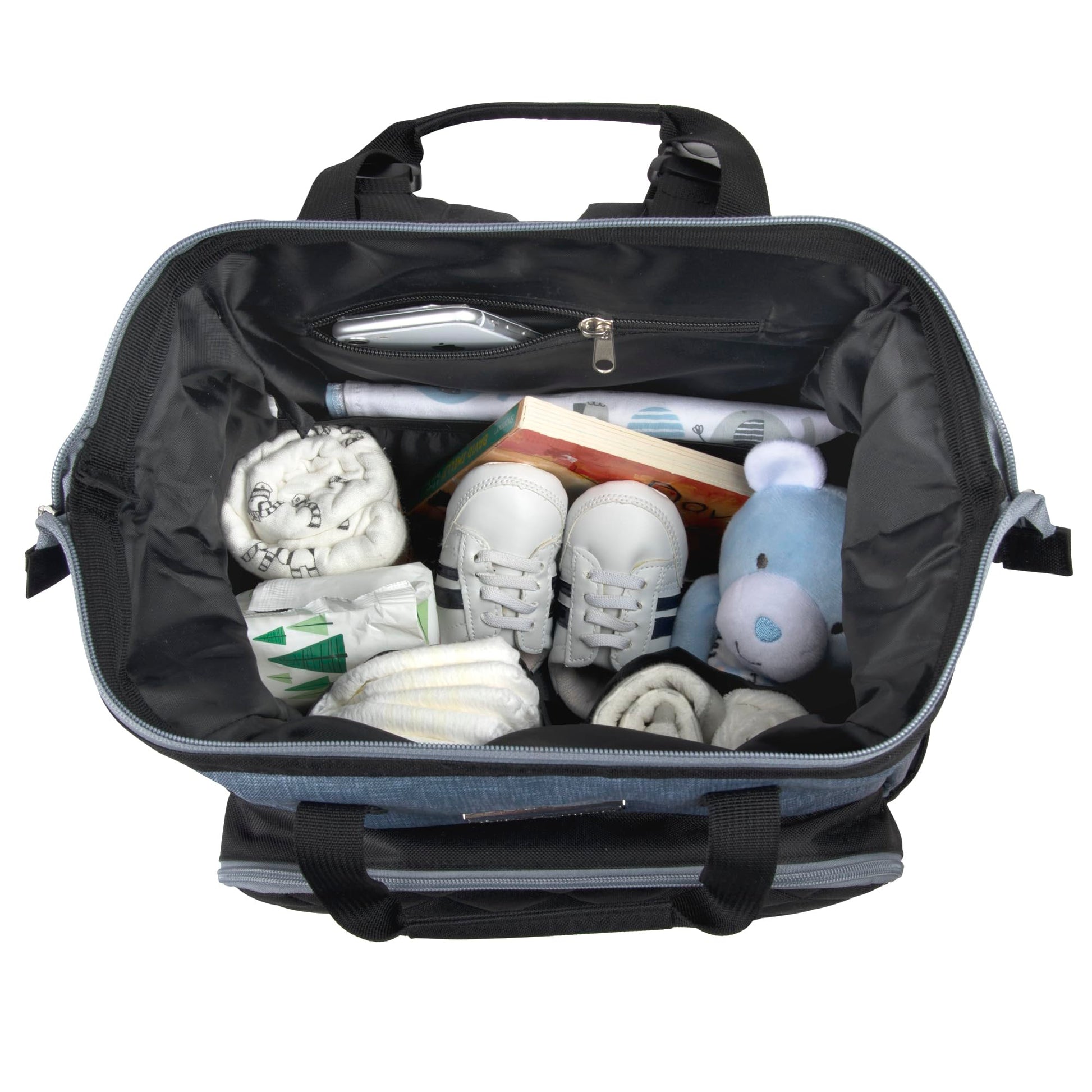 Baby Essentials - Mochila de pañales con marco principal súper enfriadora con cambiador, correas para carriola, compartimento aislado para botellas, Negro/Gris, Mediano, Mochila para pañales
