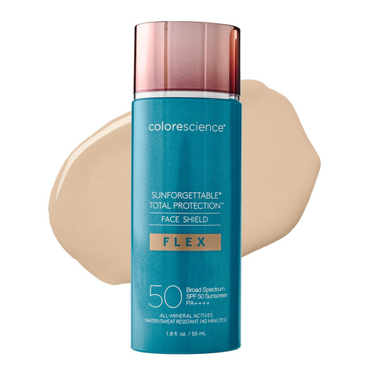 Colorescience. Sunforgettable Total Protection Face Shield Flex SPF 50 /PA++++, UVA /UVB, Protector solar mineral facial con color y cobertura - tono Fair, antioxidantes, resistente al agua, sin quimicos ni aceites, textura media, 55ml.