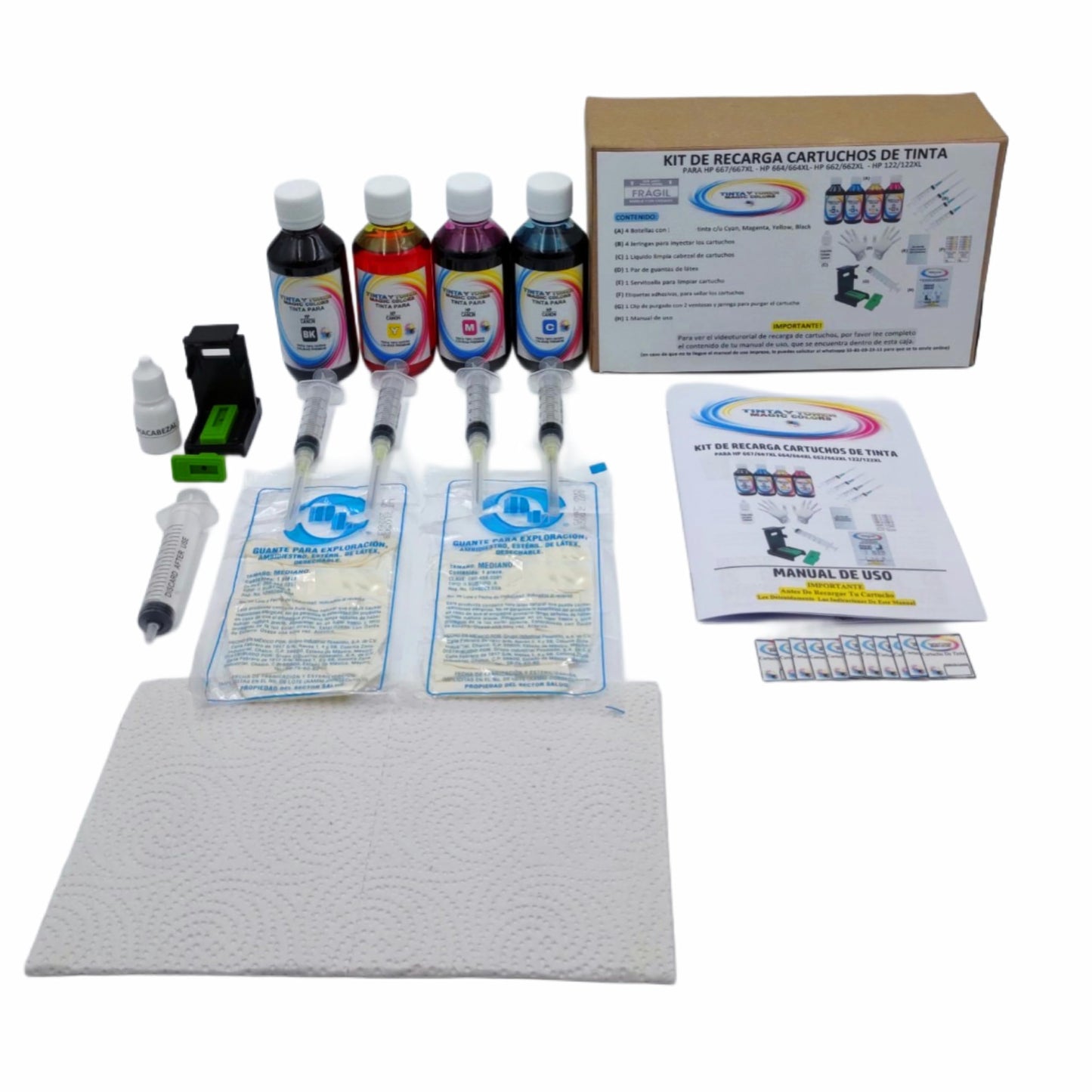 Genérico Kit Recarga de Tinta Compatible para Cartucho HP 667/664/662/122 Incluye 4 Botellas De Tinta Dye de 60ML c/u