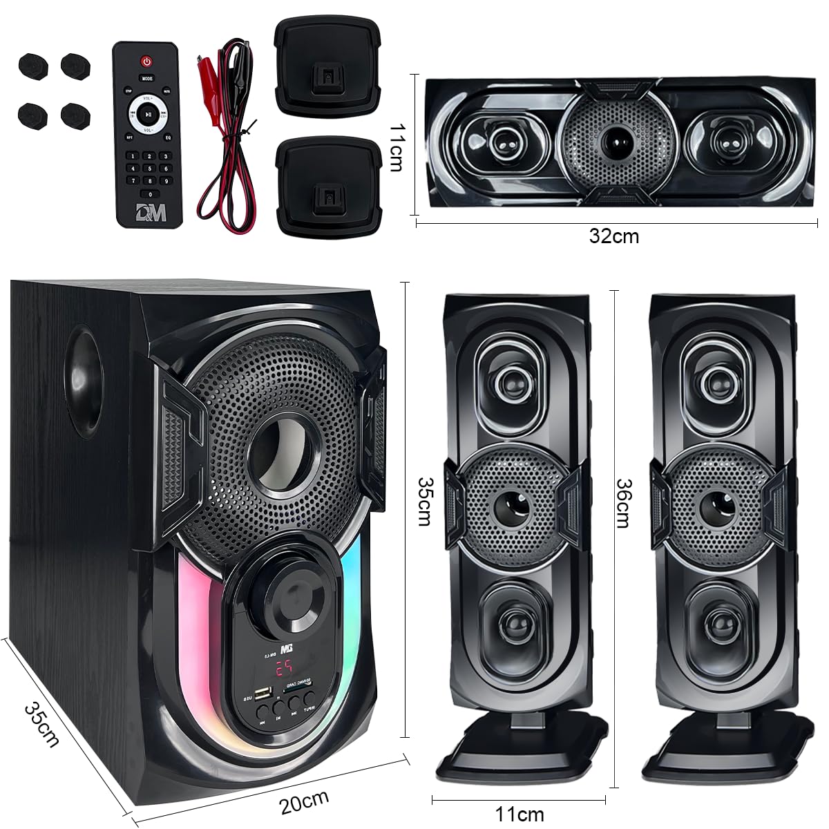 D&M L5 Sonido Teatro en casa,con Subwoofer - Sistema de Sonido Envolvente 3 en 1 Separado,para TV Juegos de PC HD-ARC/BT 5.4/óptica/AUX/USB Conexión 5 Modos EQ Graves Profundos